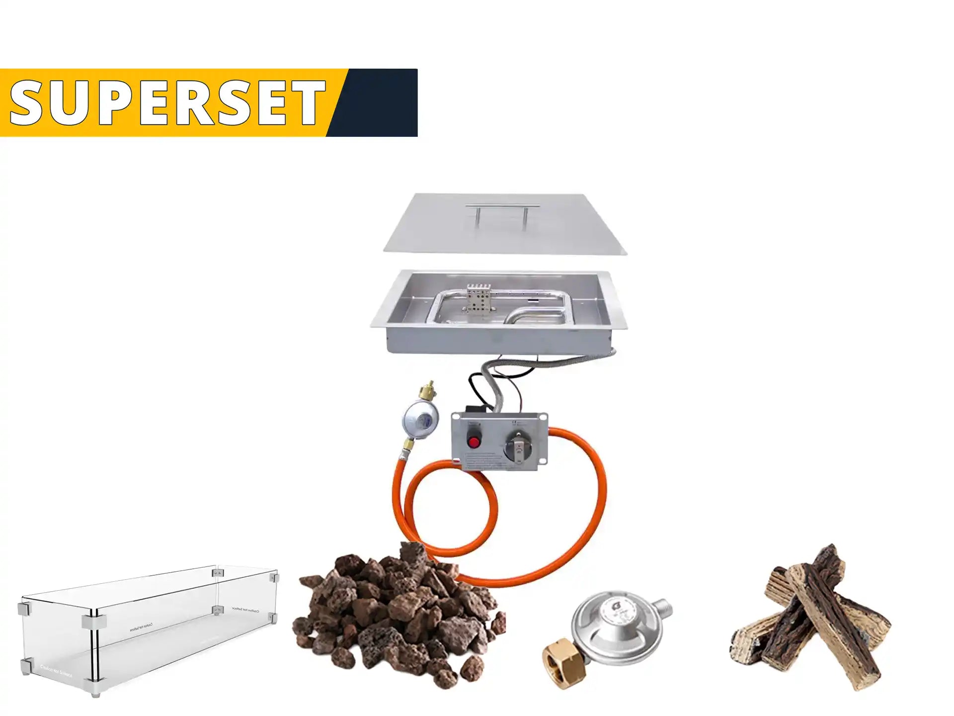 Adezz SUPERSET Forno Brann Inbouwbrander Vierkant 40 x 40 cm + Glasombouw + Keramische Houtblokken | RVS