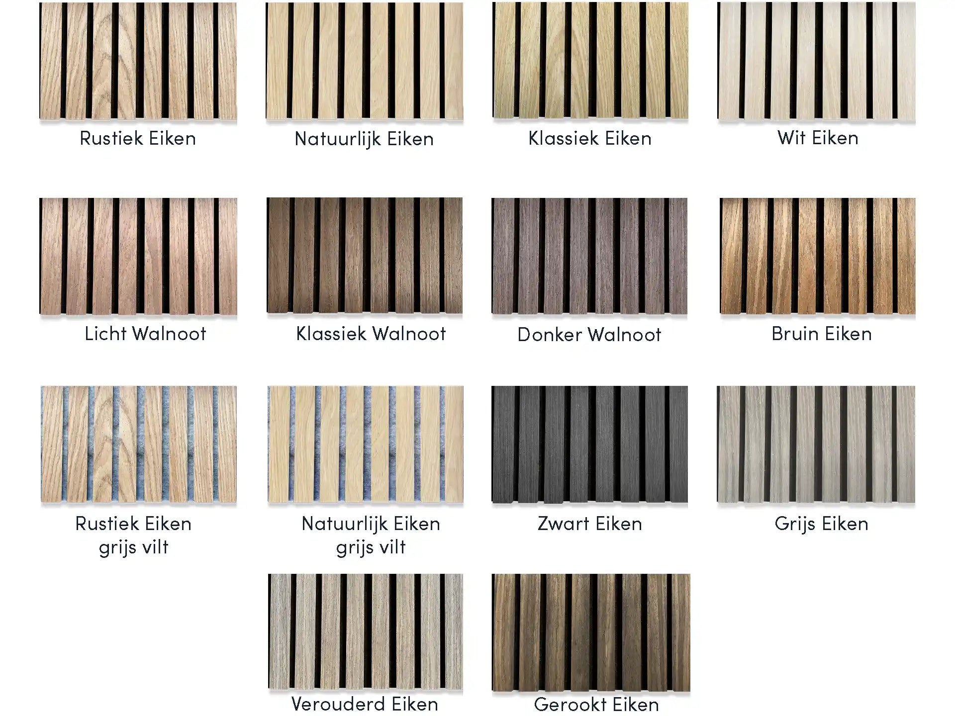 Overzicht van Adeqo akoestische panelen in verschillende kleuren, waaronder diverse eiken- en walnoottinten, met opties voor zwart, grijs en gerookt eiken.