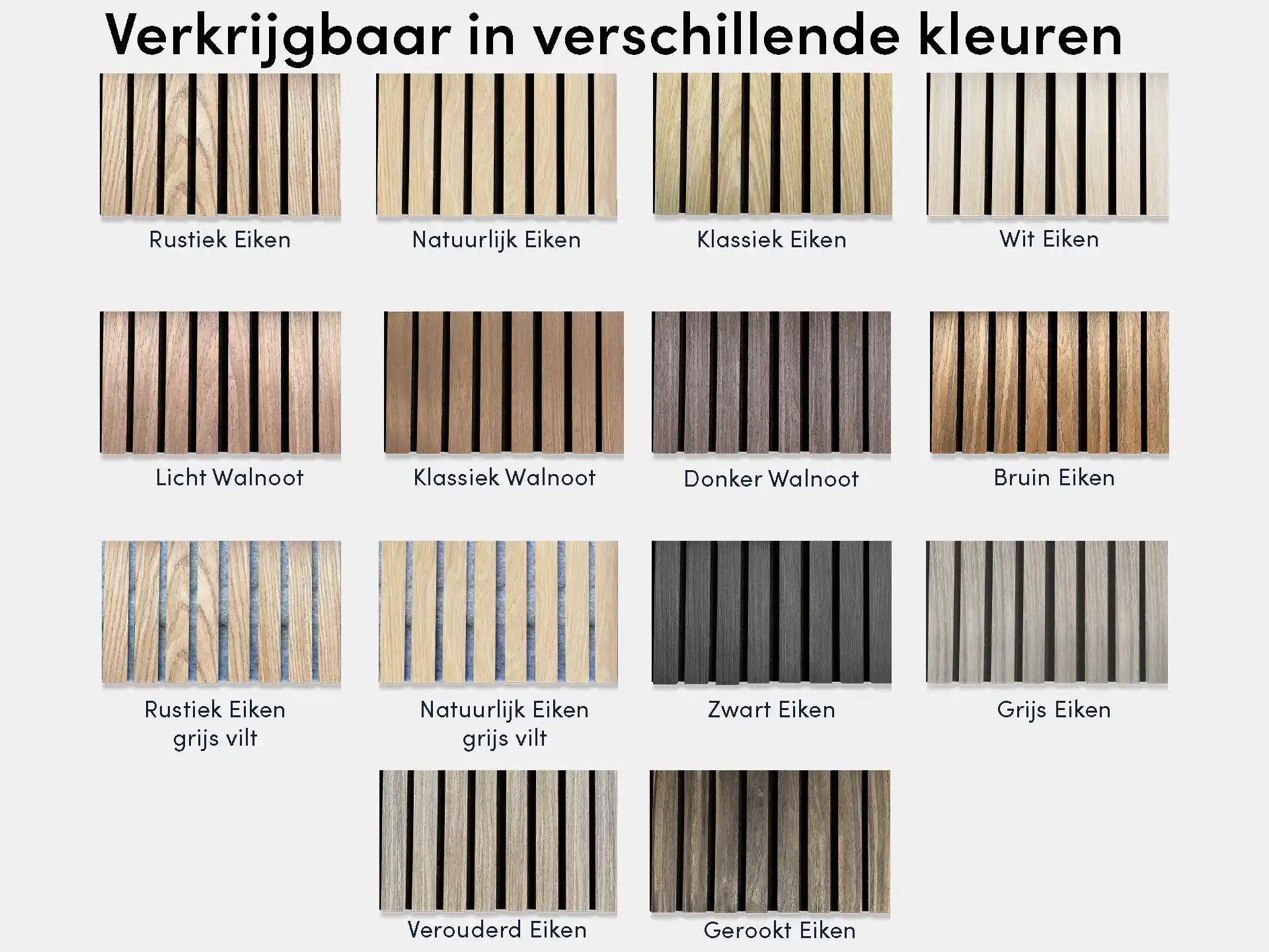 Overzicht van Adeqo akoestische panelen in 14 verschillende kleuren, waaronder diverse eiken- en walnoottinten, zwart eiken en grijs eiken, met en zonder grijs vilt.
