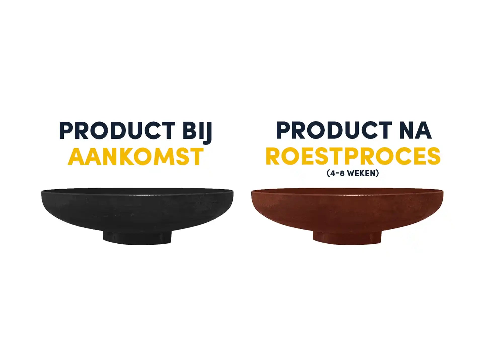 Twee vuurschalen naast elkaar: links het product bij aankomst in zwart staal en rechts hetzelfde product na 4 tot 8 weken roestproces in cortenstaal.