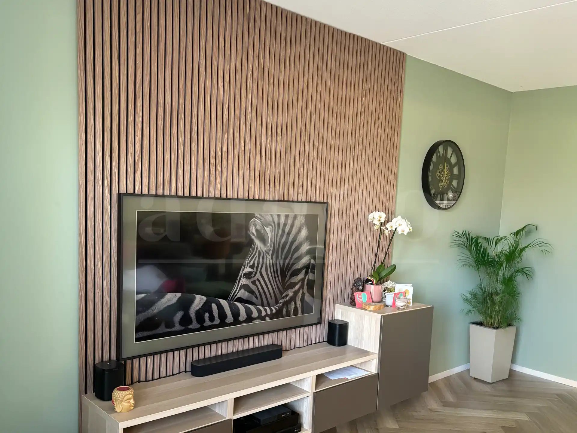 Woonkamer met tv-wand van Adeqo akoestisch wandpaneel in walnoot, gecombineerd met groene muur.