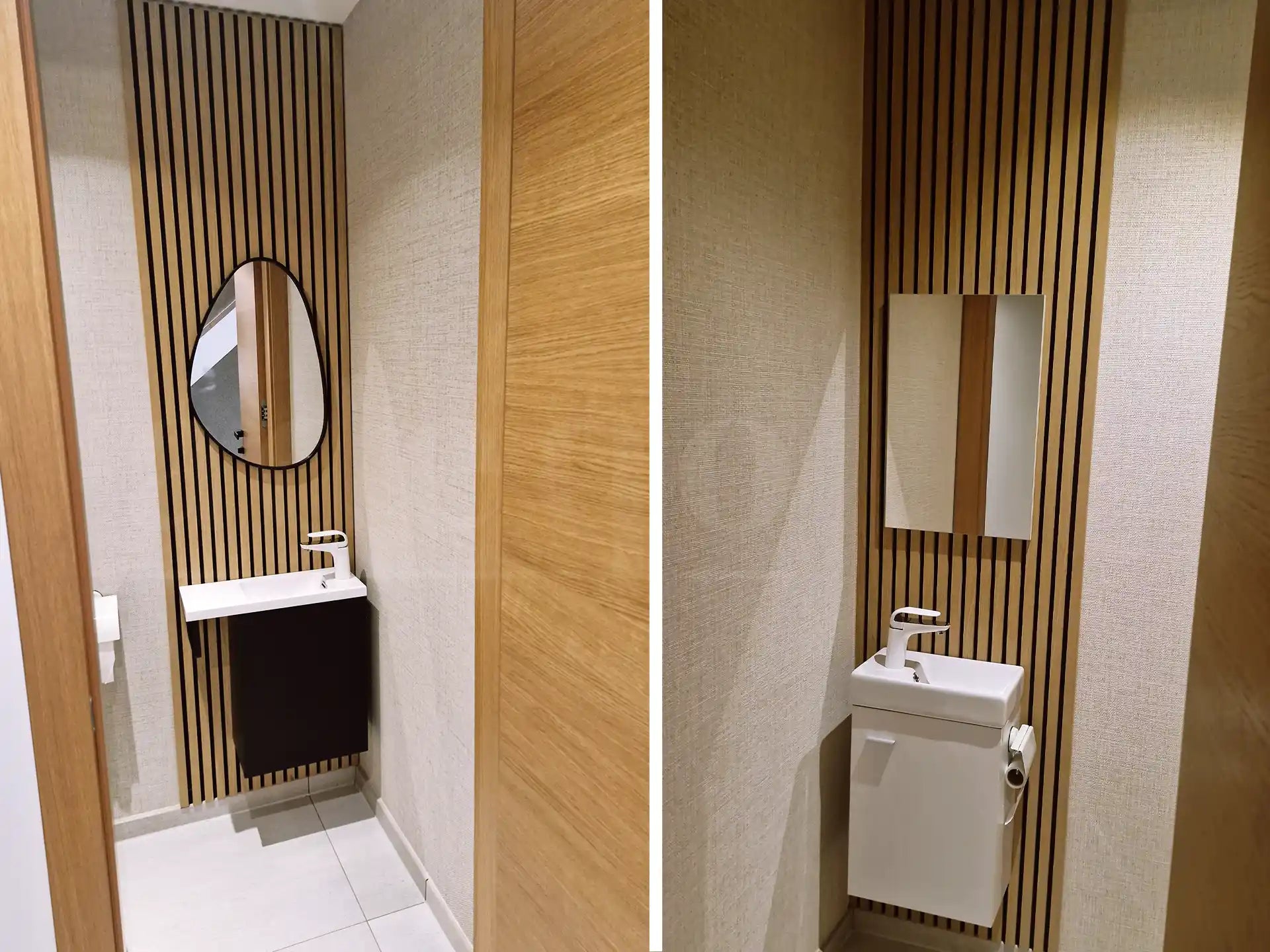 Moderne toiletruimte met Adeqo akoestisch wandpaneel in Rustiek Eiken, afgewerkt met 3-zijdig houtfineer.