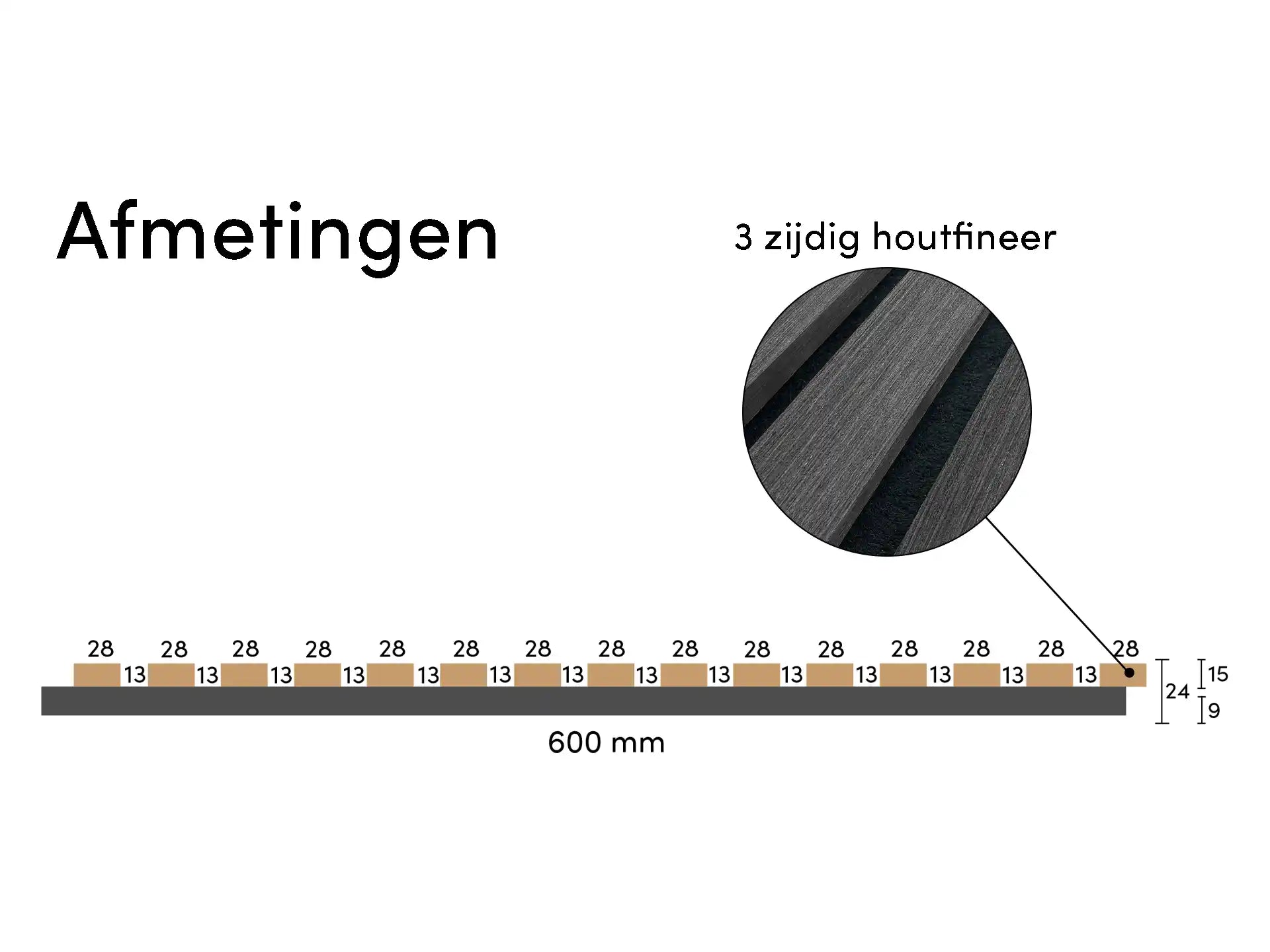 Technische tekening van Adeqo akoestisch wandpaneel in Zwart Eiken met 3-zijdig houtfineer en afmetingen.