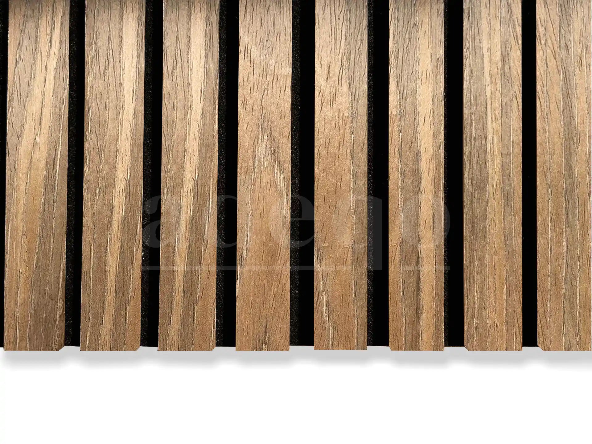 Adeqo akoestische wandpanelen met 3-zijdige houtfineer afwerking in de kleur Bruin Eiken, close-upweergave.