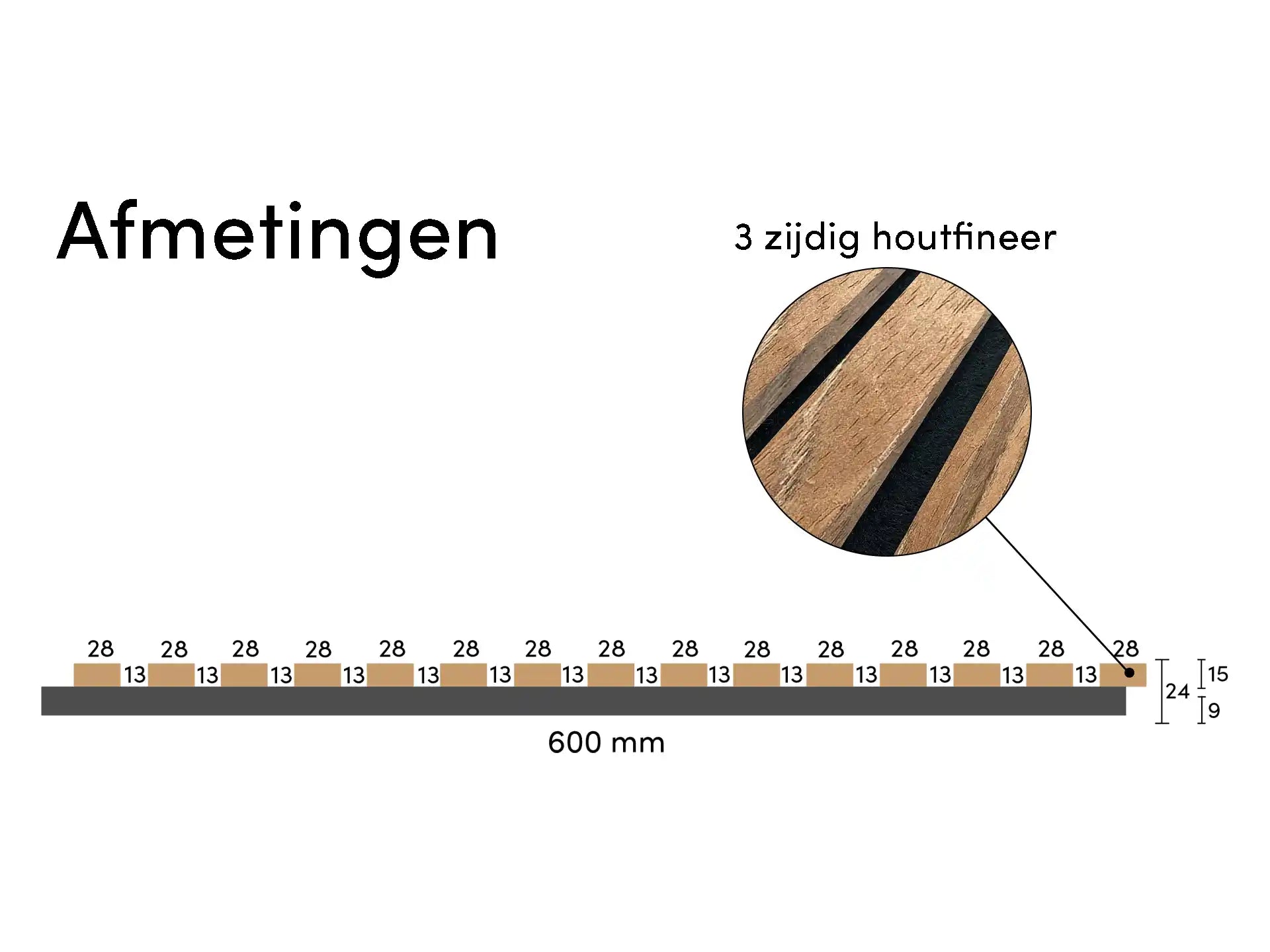 Adeqo akoestische wandpanelen in Bruin Eiken met 3-zijdige houtfineerafwerking, technische afmetingen weergegeven.