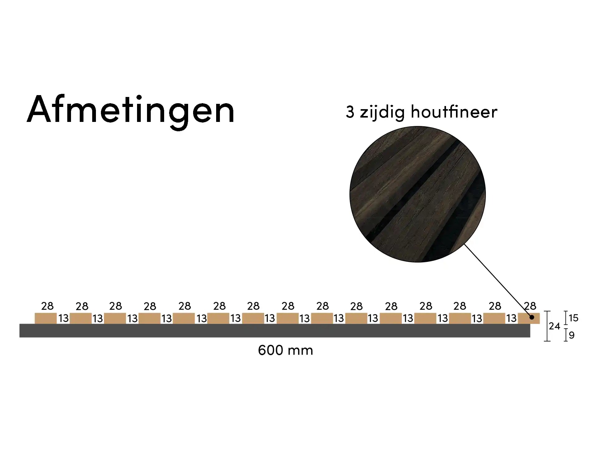 Adeqo akoestische wandpanelen in Gerookt Eiken met 3-zijdige houtfineerafwerking, technische afmetingen weergegeven.