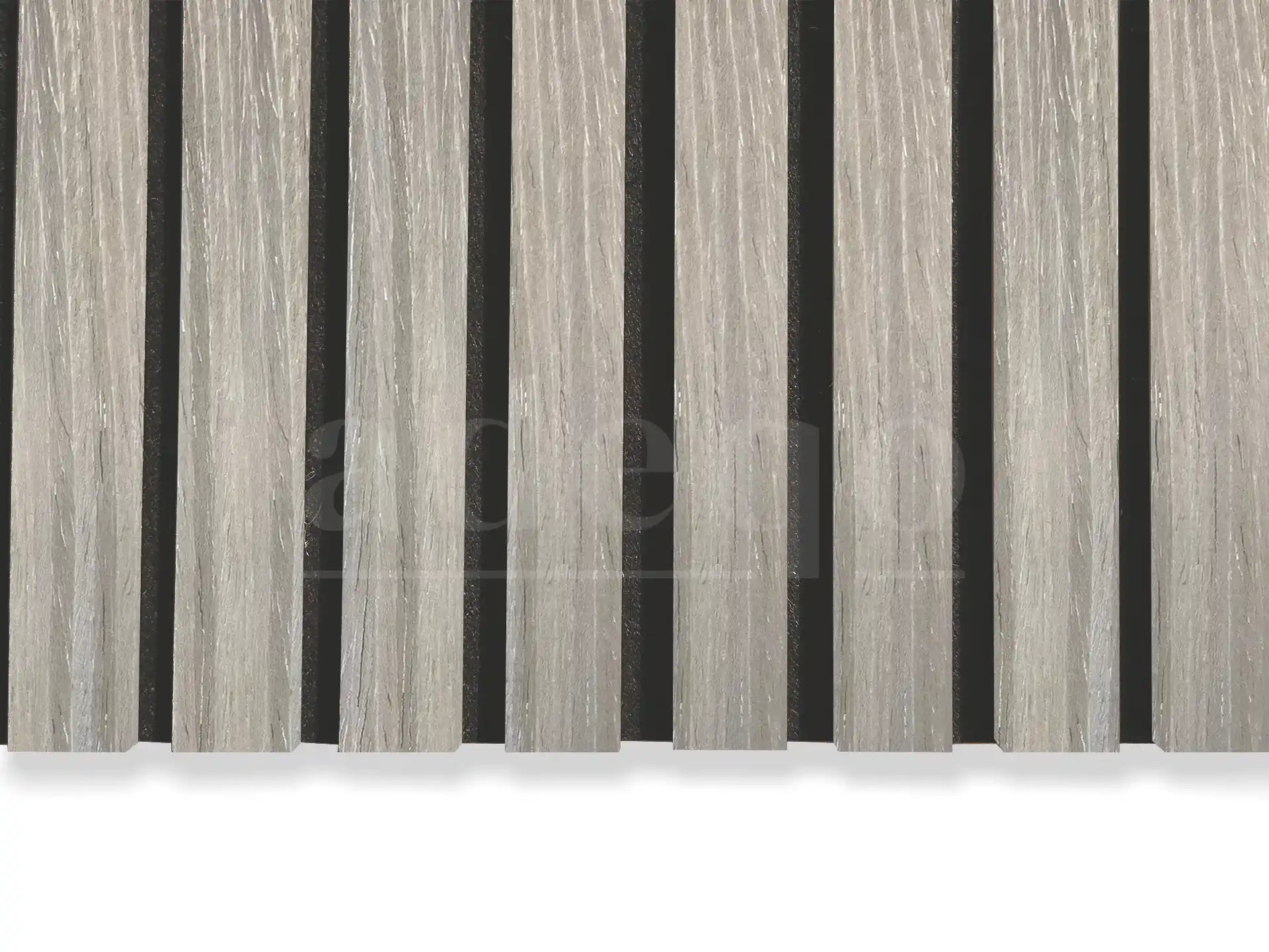 Adeqo akoestische wandpanelen met 3-zijdige houtfineer afwerking in de kleur Grijs Eiken, close-upweergave.
