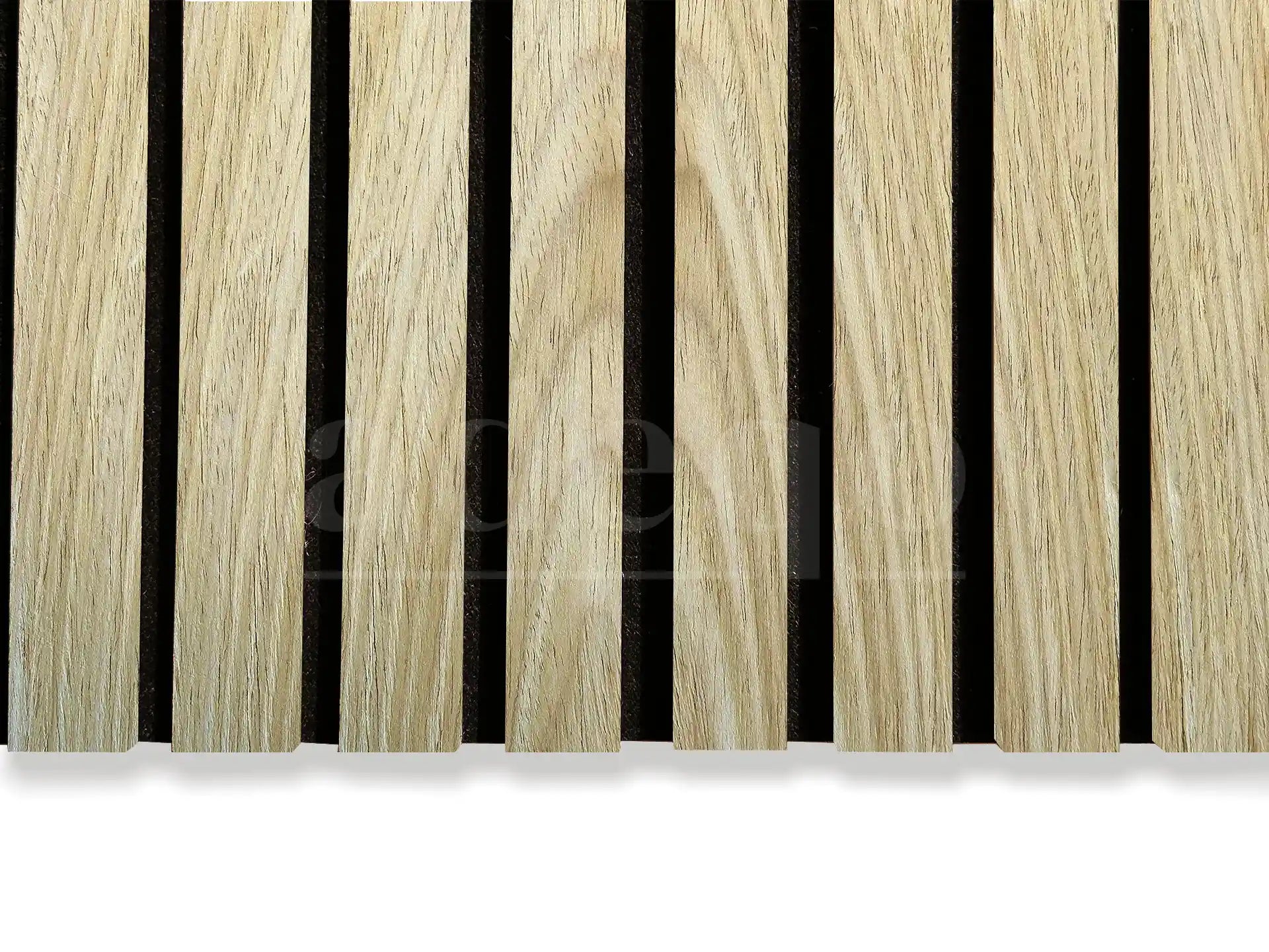 Adeqo akoestische wandpanelen met 3-zijdige houtfineer afwerking in de kleur Klassiek Eiken, close-upweergave.