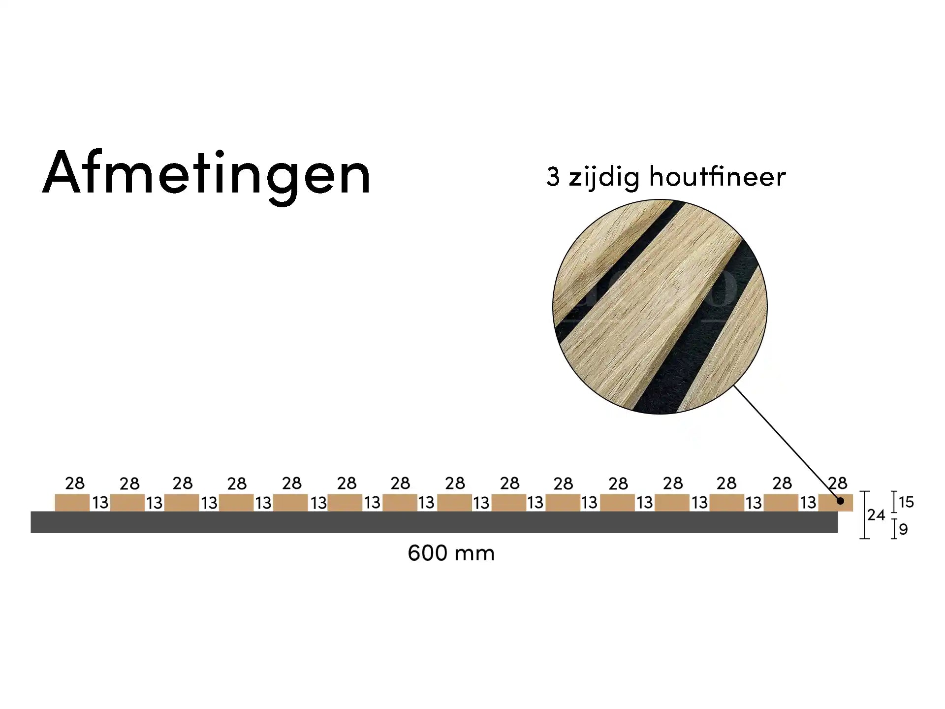 Adeqo akoestische wandpanelen in Klassiek Eiken met 3-zijdige houtfineerafwerking, technische afmetingen weergegeven.