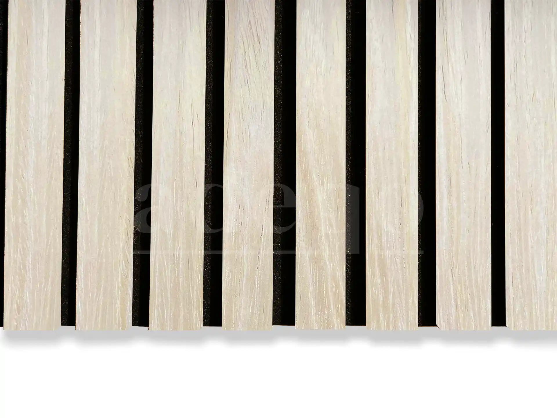 Adeqo akoestische wandpanelen met 3-zijdige houtfineer afwerking in de kleur Wit Eiken, close-upweergave.