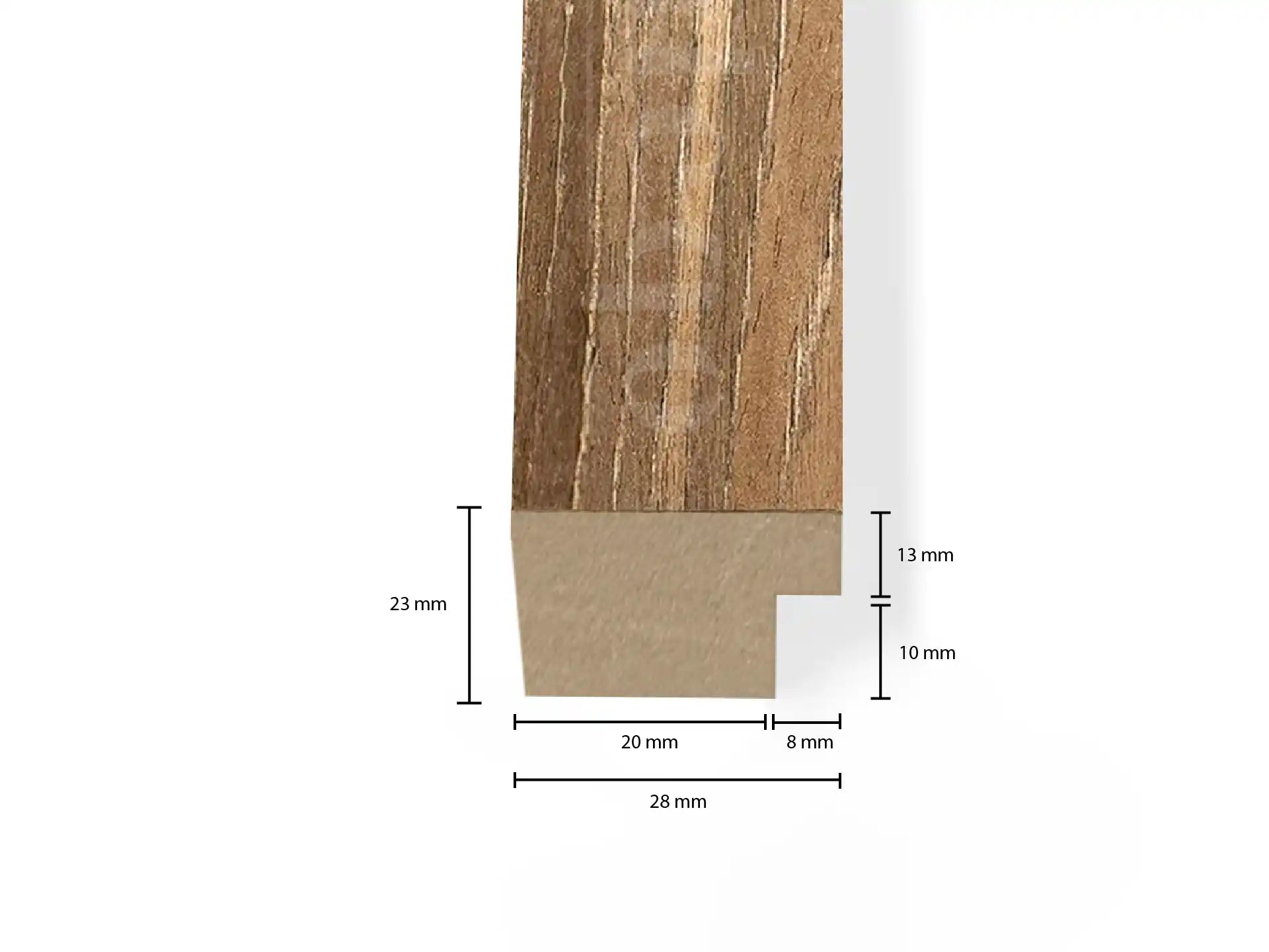 Technische tekening van Adeqo eindlat in Bruin Eiken met afmetingen, voor akoestische wandpanelen.