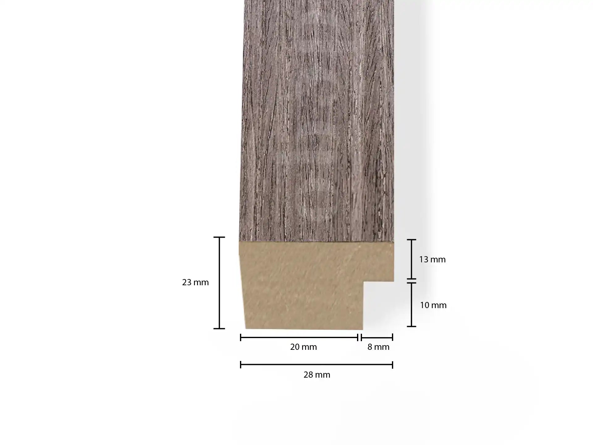 Technische tekening van Adeqo eindlat in Donker Walnoot met afmetingen, voor akoestische wandpanelen.