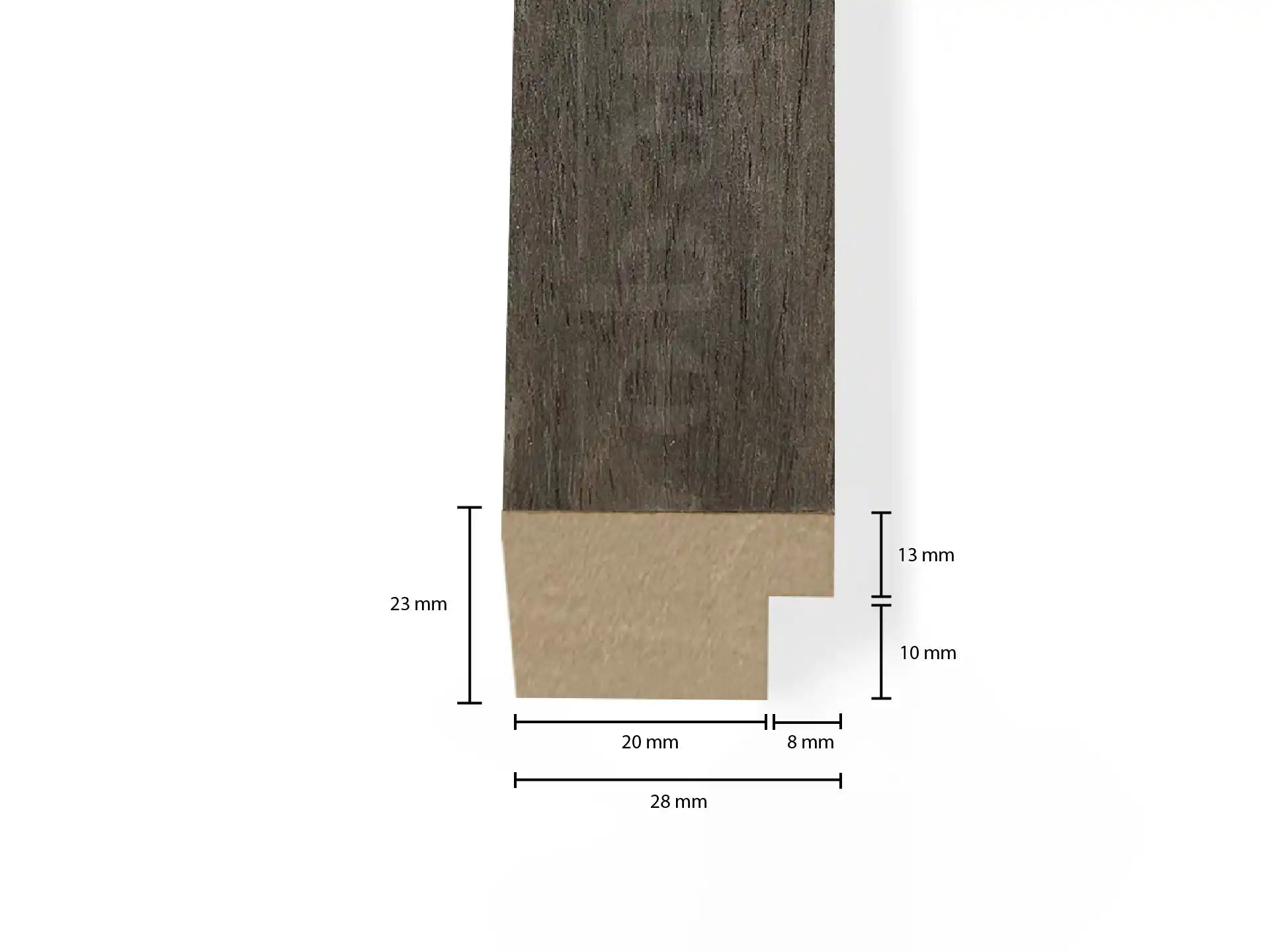 Technische tekening van Adeqo eindlat in Gerookt Eiken met afmetingen, voor akoestische wandpanelen.