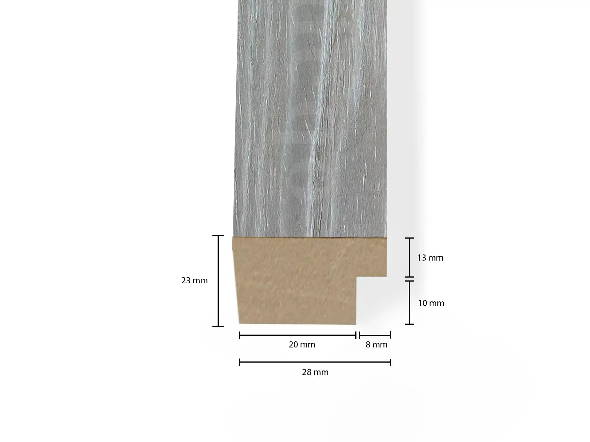 Technische tekening van Adeqo eindlat in Grijs Eiken met afmetingen, voor akoestische wandpanelen.