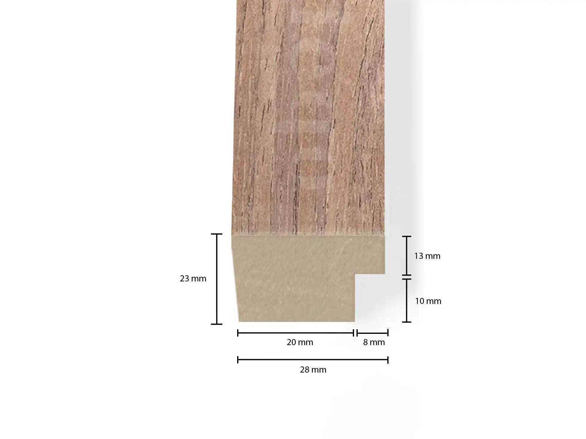 Technische tekening van Adeqo eindlat in Licht Walnoot met afmetingen, voor akoestische wandpanelen.