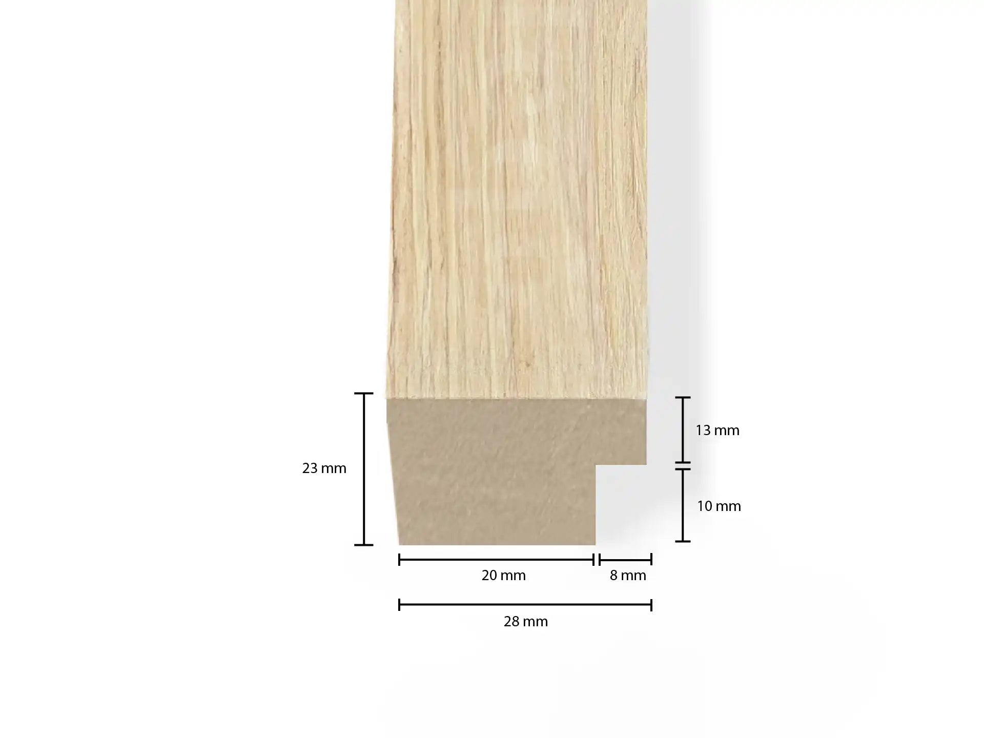 Technische tekening van Adeqo eindlat in Natuurlijk Eiken met afmetingen, voor akoestische wandpanelen.