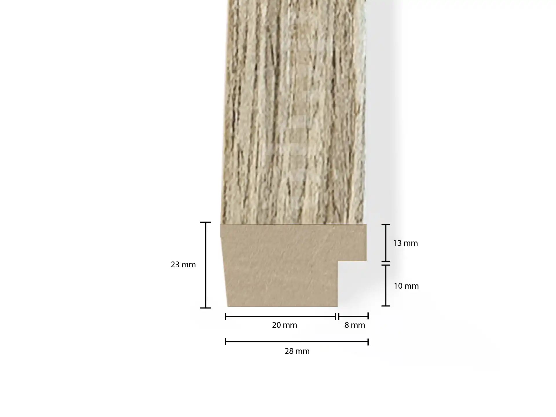 Technische tekening van Adeqo eindlat in Verouderd Eiken met afmetingen, voor akoestische wandpanelen.