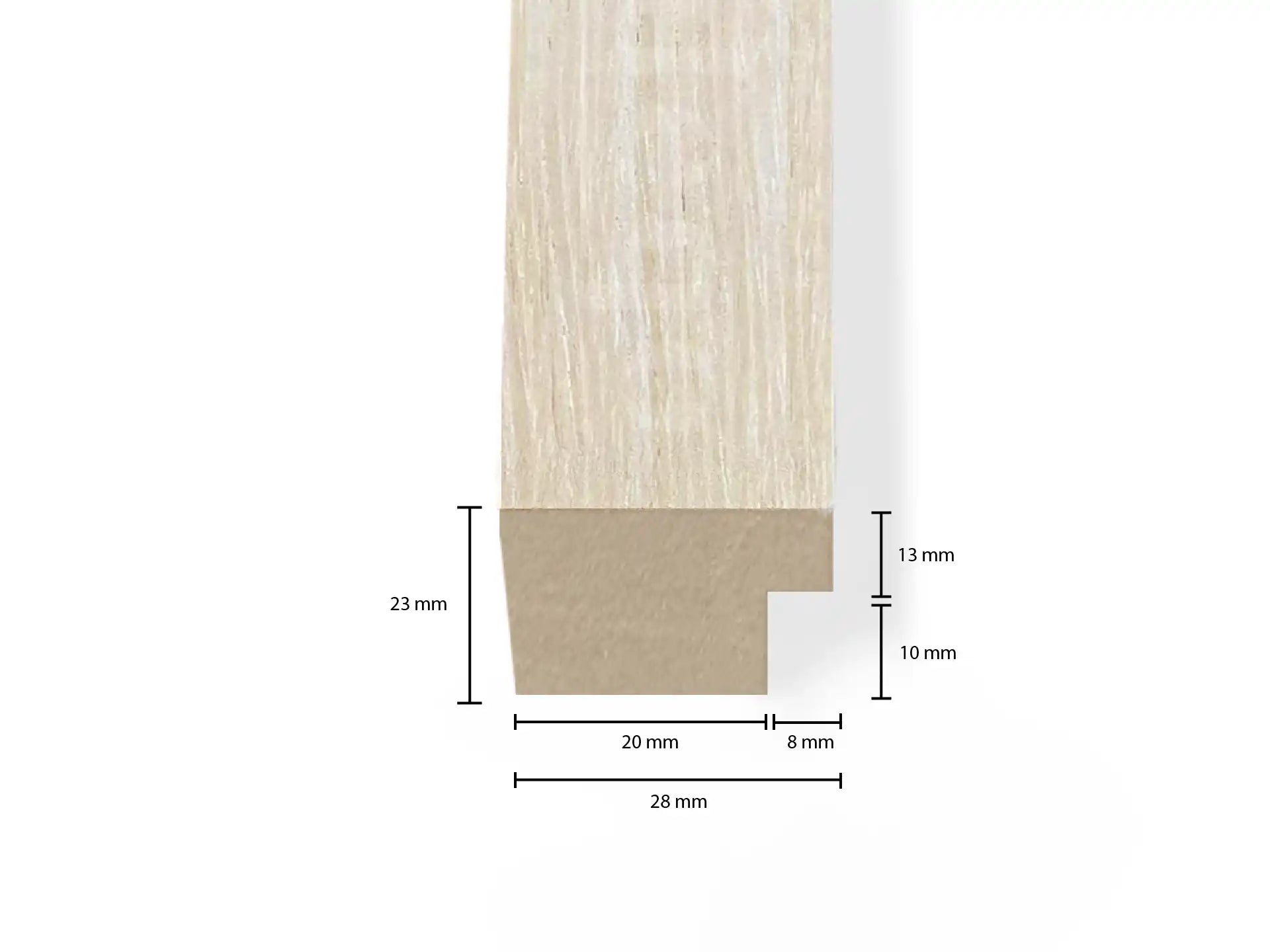 Technische tekening van Adeqo eindlat in Wit Eiken met afmetingen, voor akoestische wandpanelen.
