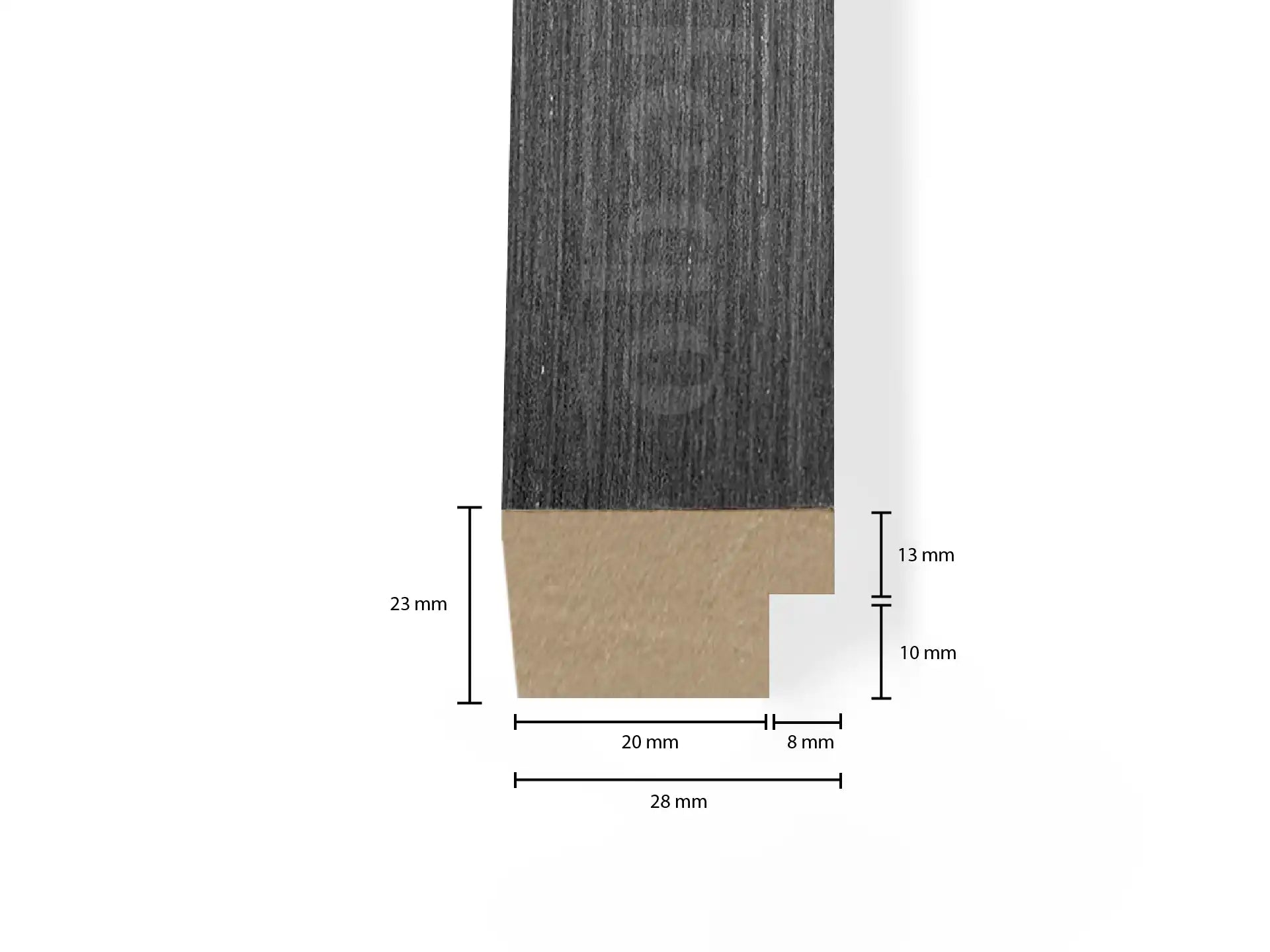 Technische tekening van Adeqo eindlat in Zwart Eiken met afmetingen, voor akoestische wandpanelen.
