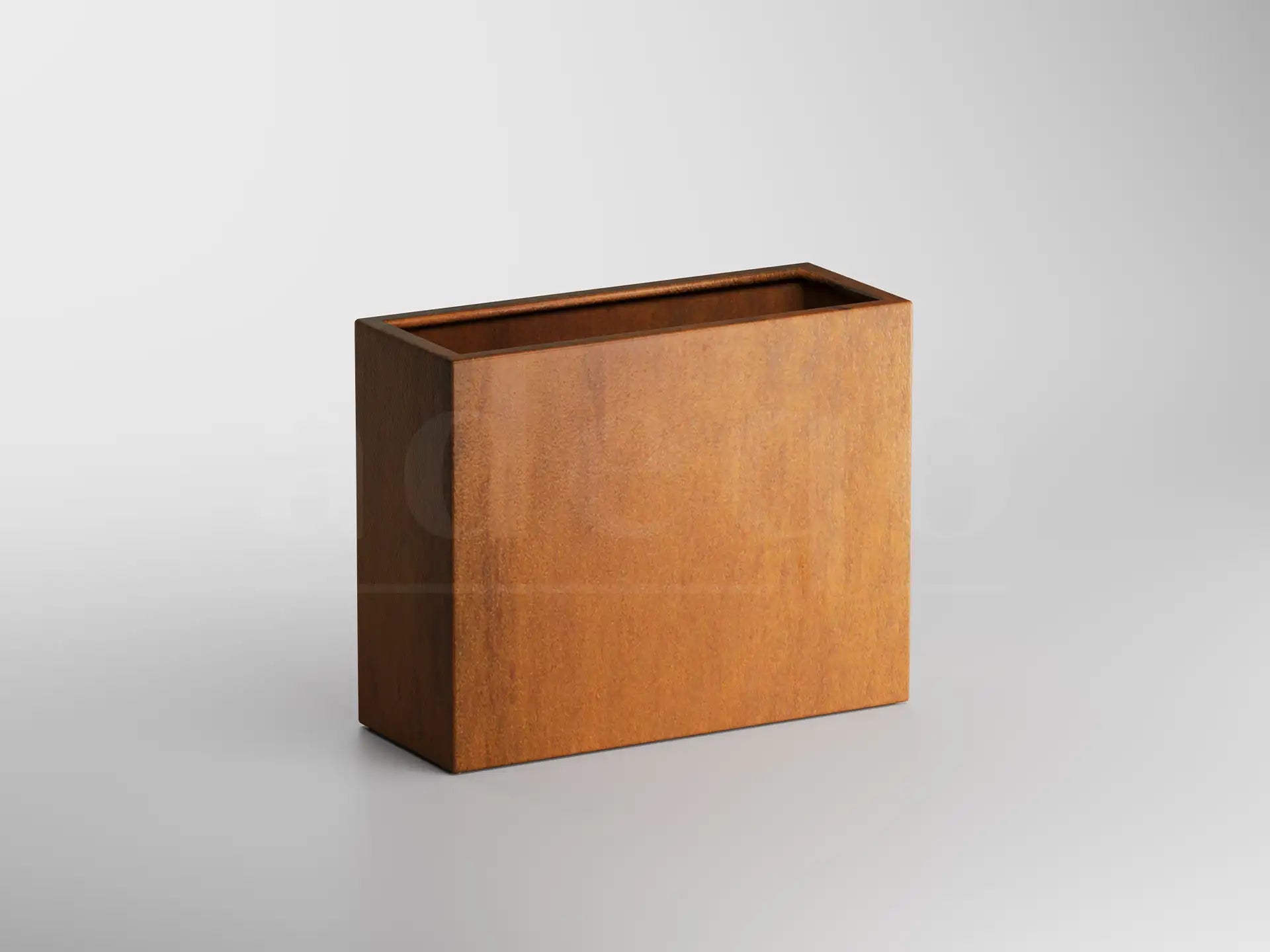 Lege rechthoekige Adeqo plantenbak van cortenstaal, formaat 100 x 40 x 80 cm, op een witte achtergrond.