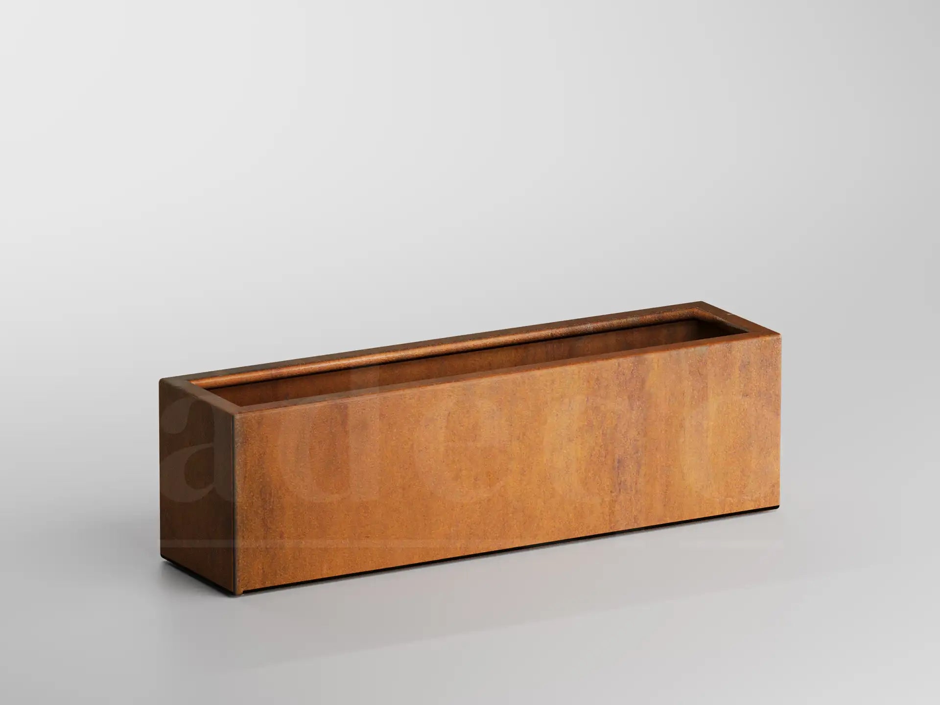 Lege rechthoekige Adeqo plantenbak van cortenstaal, formaat 120 x 30 x 35 cm, op een witte achtergrond.
