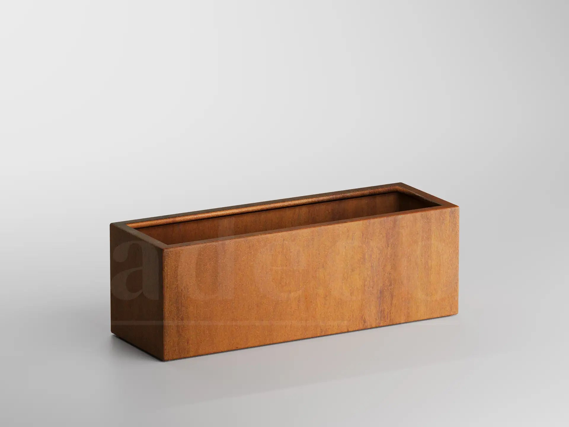 Lege rechthoekige Adeqo plantenbak van cortenstaal, formaat 120 x 40 x 40 cm, op een witte achtergrond.
