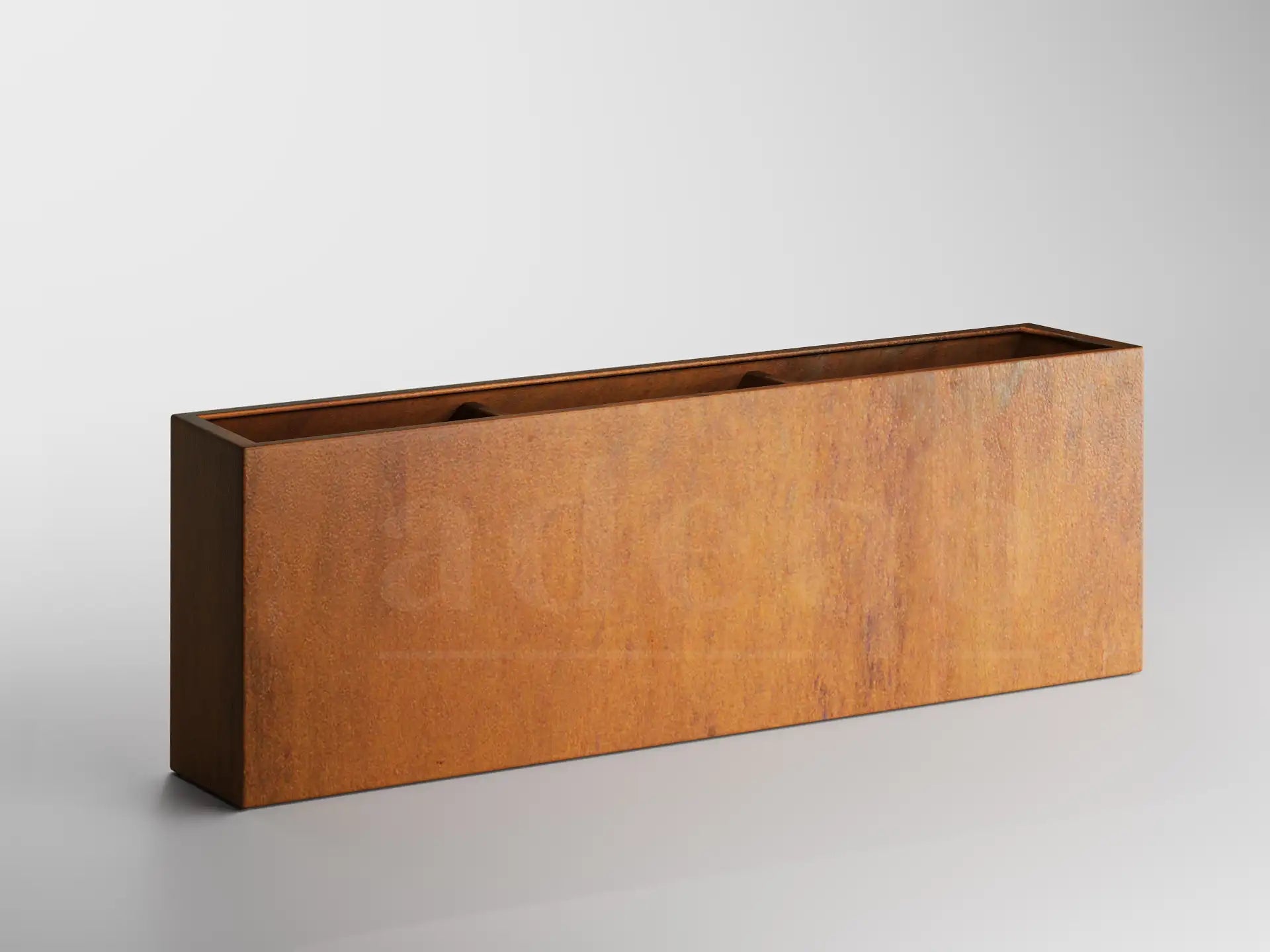 Lege rechthoekige Adeqo plantenbak van cortenstaal, formaat 200 x 40 x 80 cm, op een witte achtergrond.

