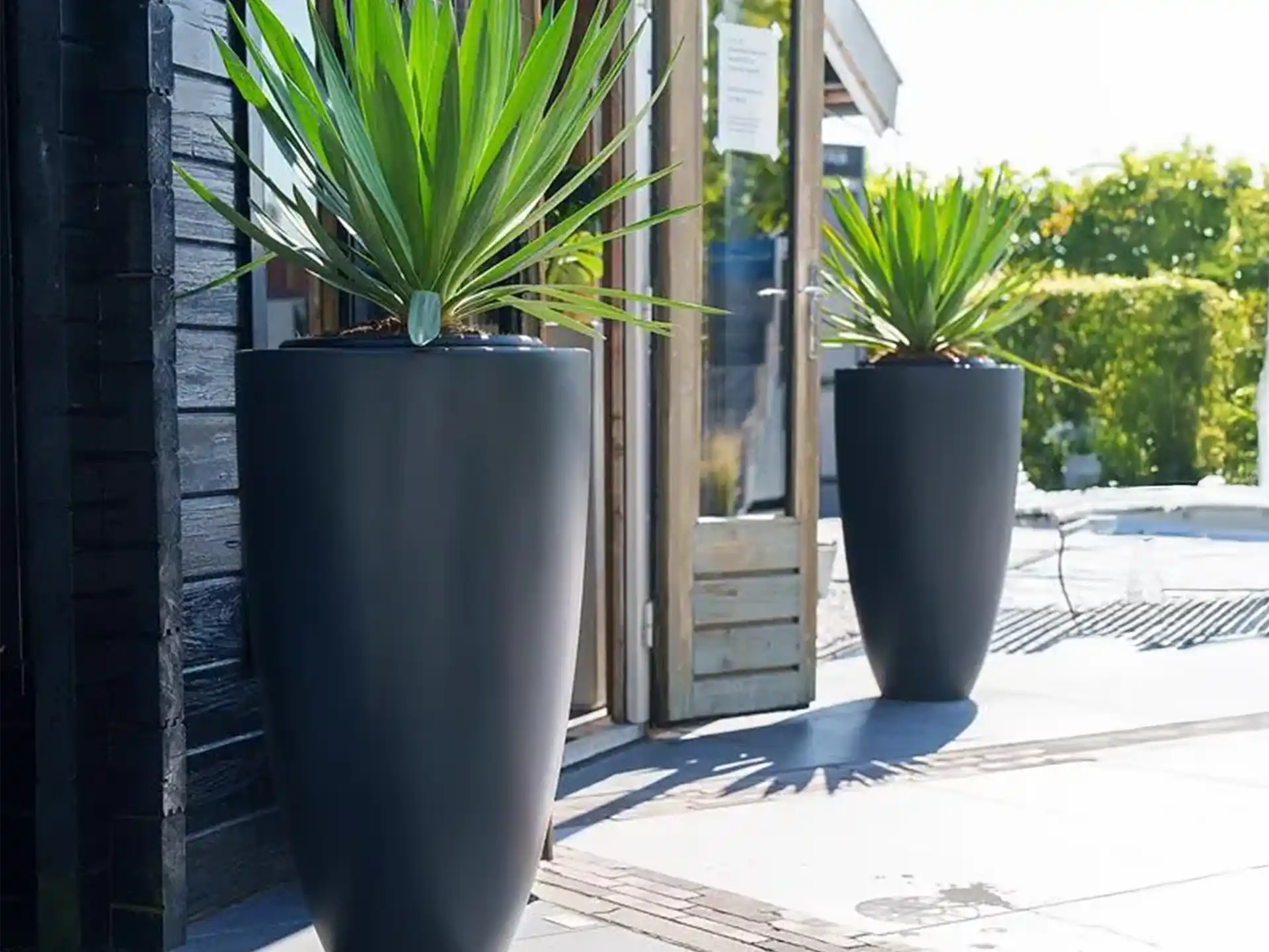 Twee ronde Adezz Canna polyester plantenbakken in donkergrijs met groene planten op een terras.