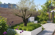 Lange witte Adezz Carrez aluminium plantenbak in een moderne tuin met olijfboom en sierplanten.