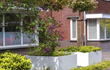 Witte Adezz Carrez aluminium plantenbak in een voortuin naast een woning, gevuld met kleurrijke beplanting.