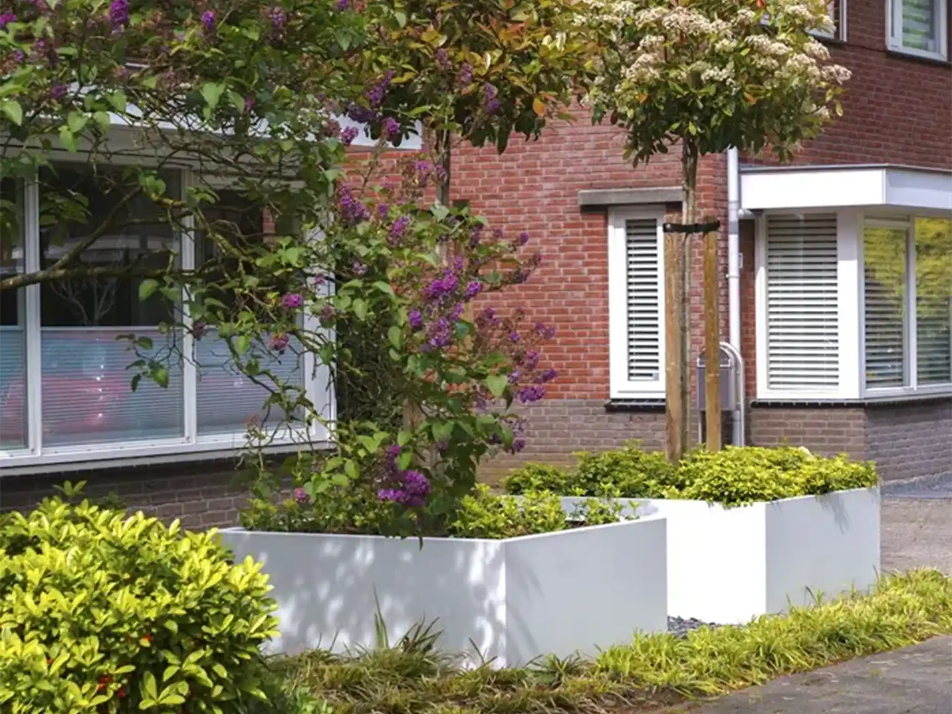 Witte Adezz Carrez aluminium plantenbak in een voortuin naast een woning, gevuld met kleurrijke beplanting.