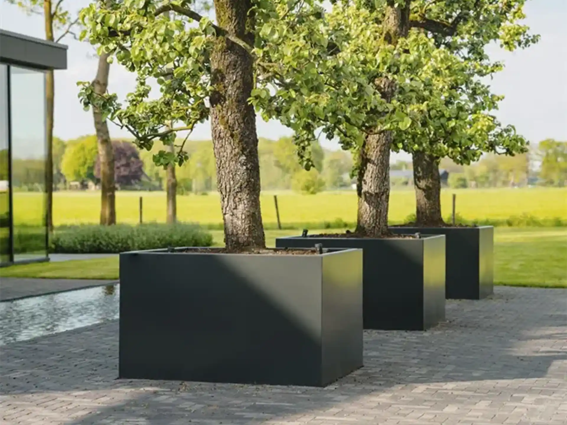 Vrijstaande zwarte Adezz Carrez aluminium plantenbakken op een bestrate ondergrond met bomen en groen.
