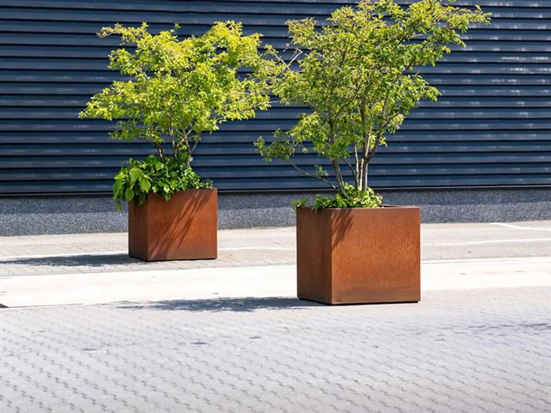Adezz Carrez Cortenstaal Plantenbak Rechthoek met wielen gevuld met groene bomen en planten op een moderne buitenruimte.