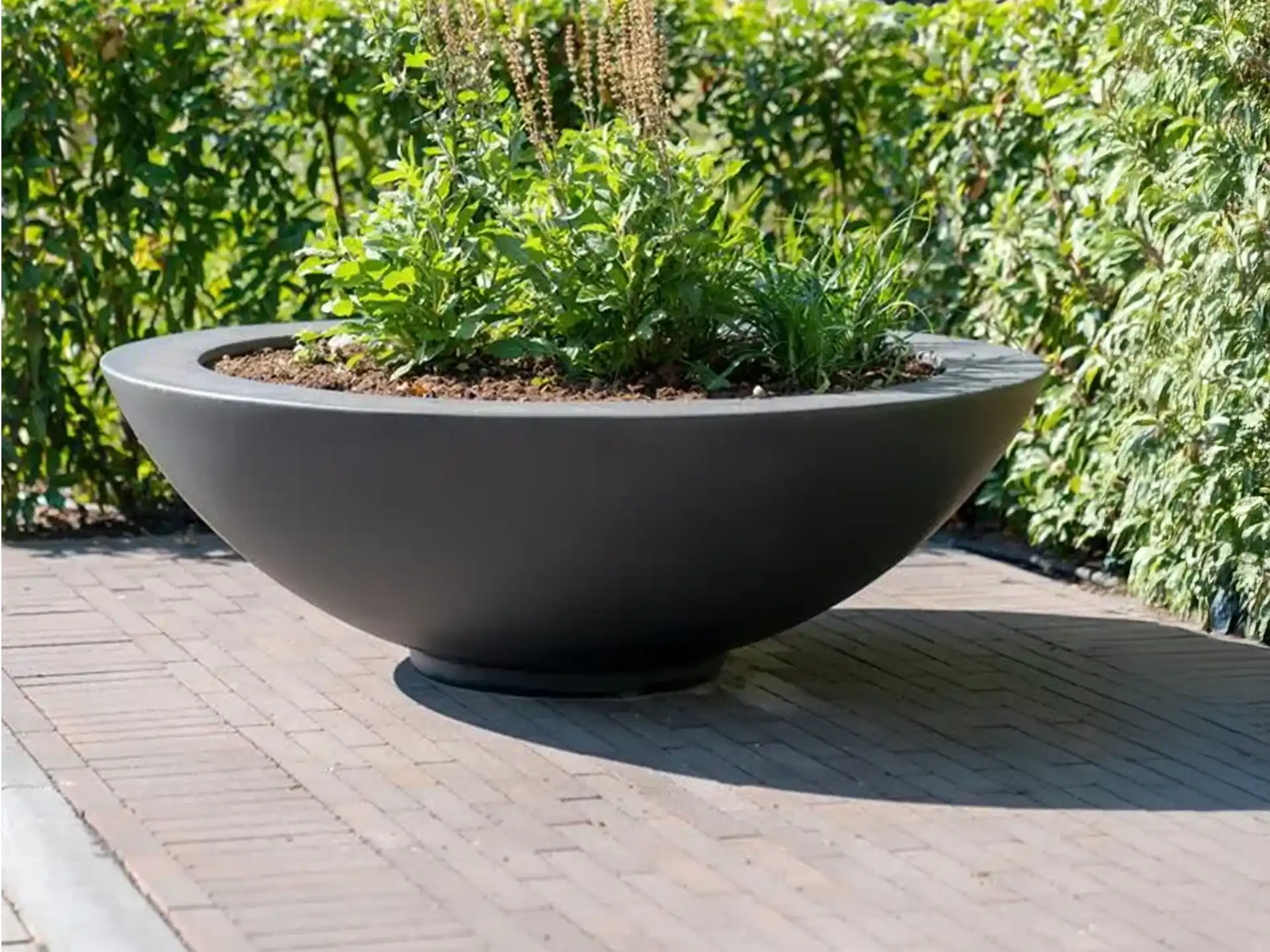 Moderne Adezz Ceder polyester plantenbak rond schaalmodel in donkergrijs met groene beplanting.