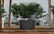 Grote Adezz Conic aluminium plantenbak met poten, gevuld met bomen, geplaatst op een modern dakterras met stadsuitzicht.