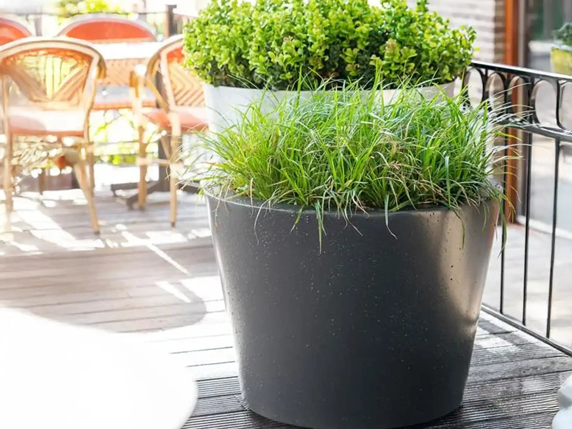 Adezz Conic aluminium plantenbak rond op terras met siergrassen en groene beplanting.