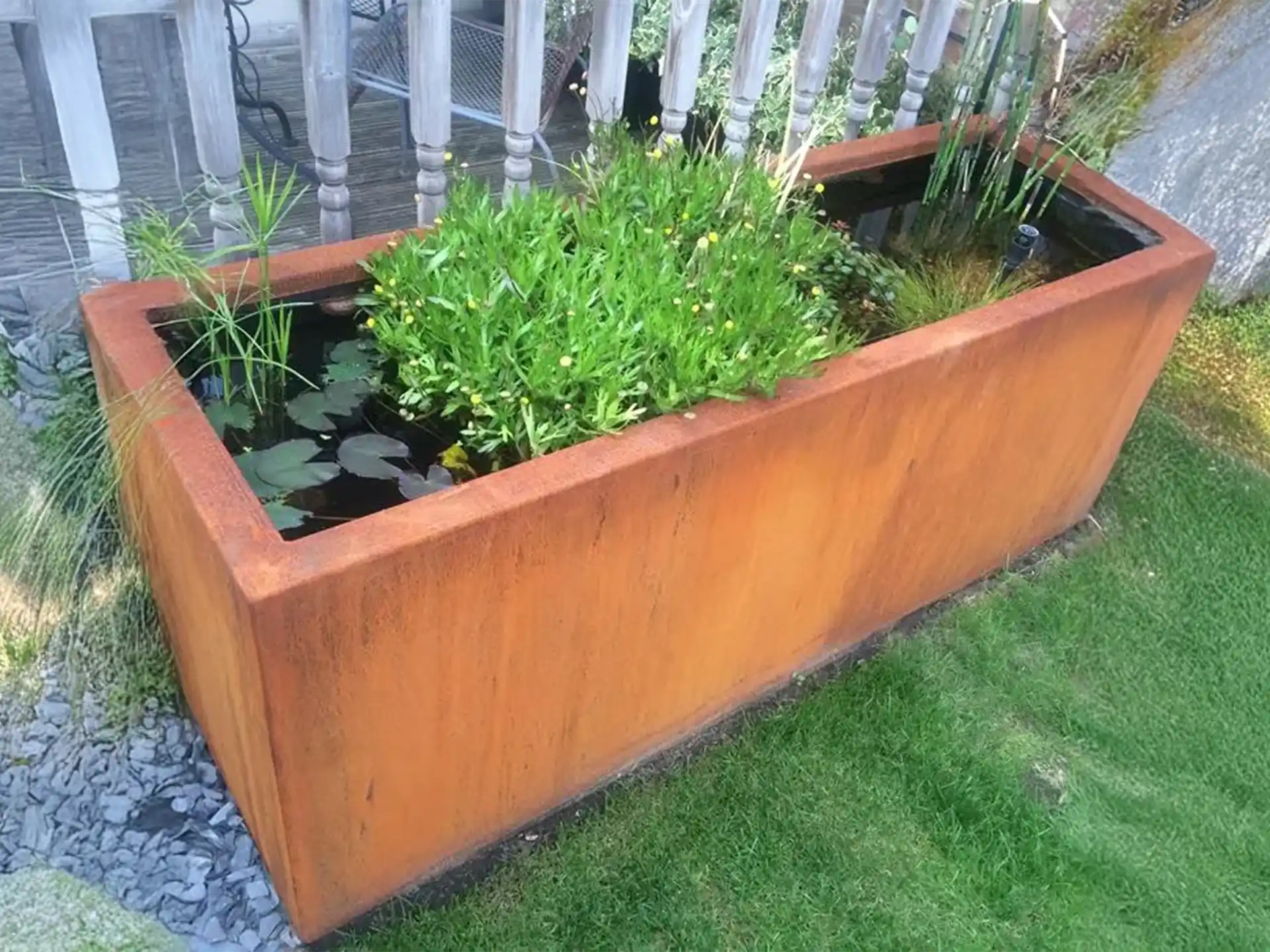 Adezz cortenstaal vijver in een compacte tuin, gevuld met groene waterplanten, natuurlijke roestkleurige uitstraling.
