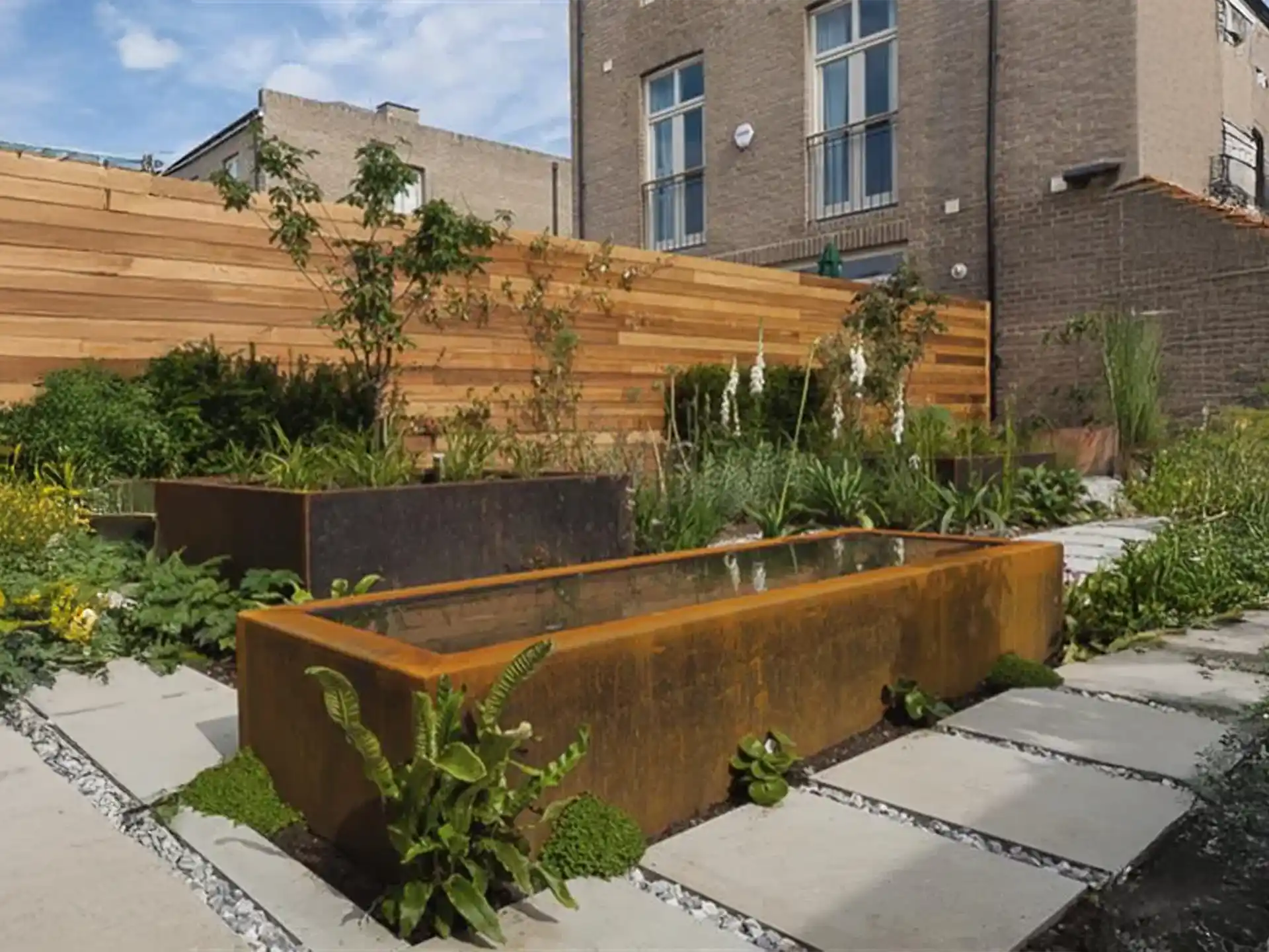 Adezz vijver van cortenstaal in een moderne tuin, rechthoekig design met waterplanten en strakke bestrating.