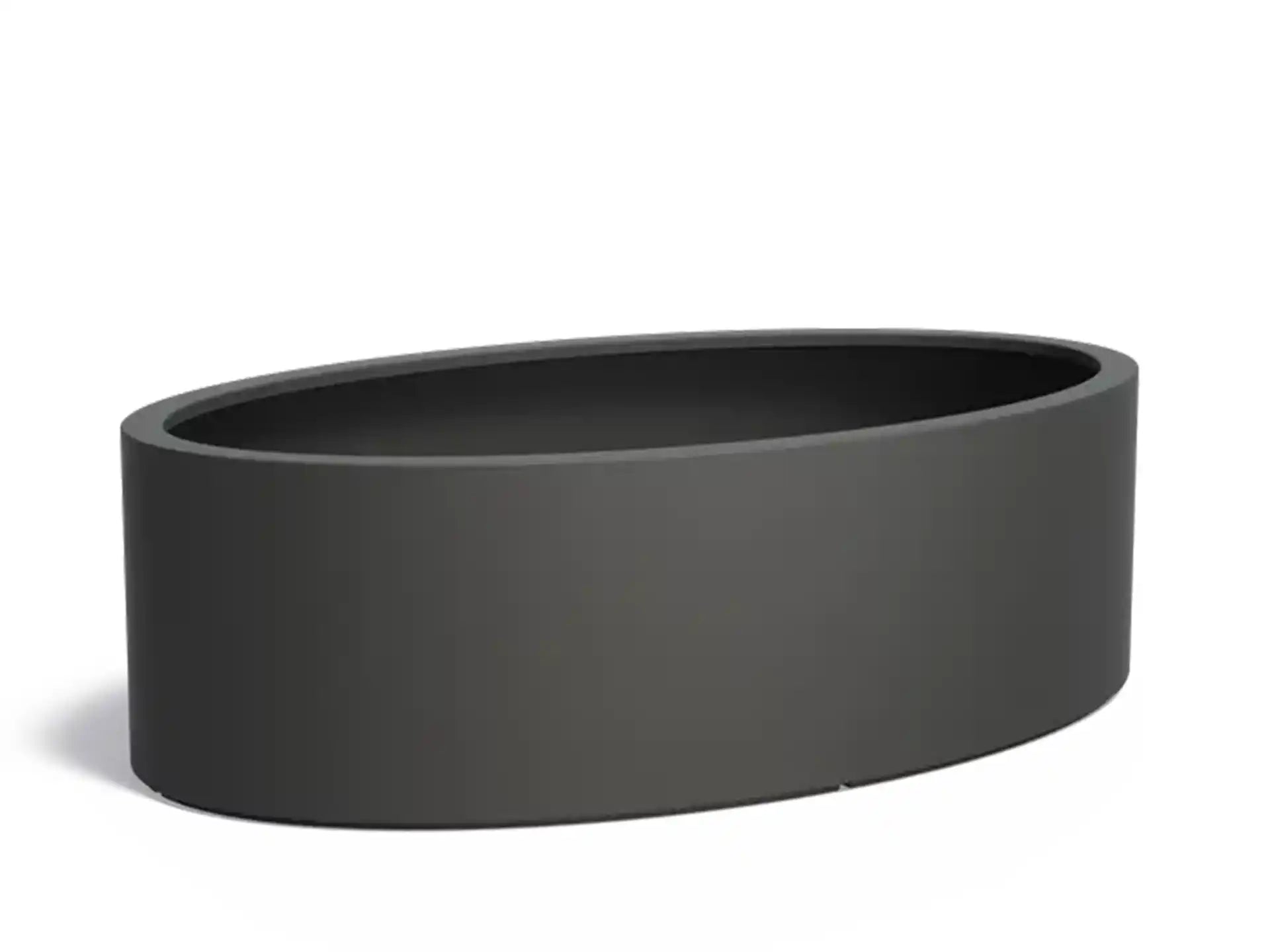 Adezz Ellipse polyester plantenbak in ovale vorm, 200 × 120 × 60 cm, uitgevoerd in zwartgrijs.