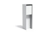Productfoto van de Adezz Flyn brievenbus in aluminium uitvoering, strak modern design, afmeting 35 x 35 x 120 cm, geplaatst op een witte achtergrond.