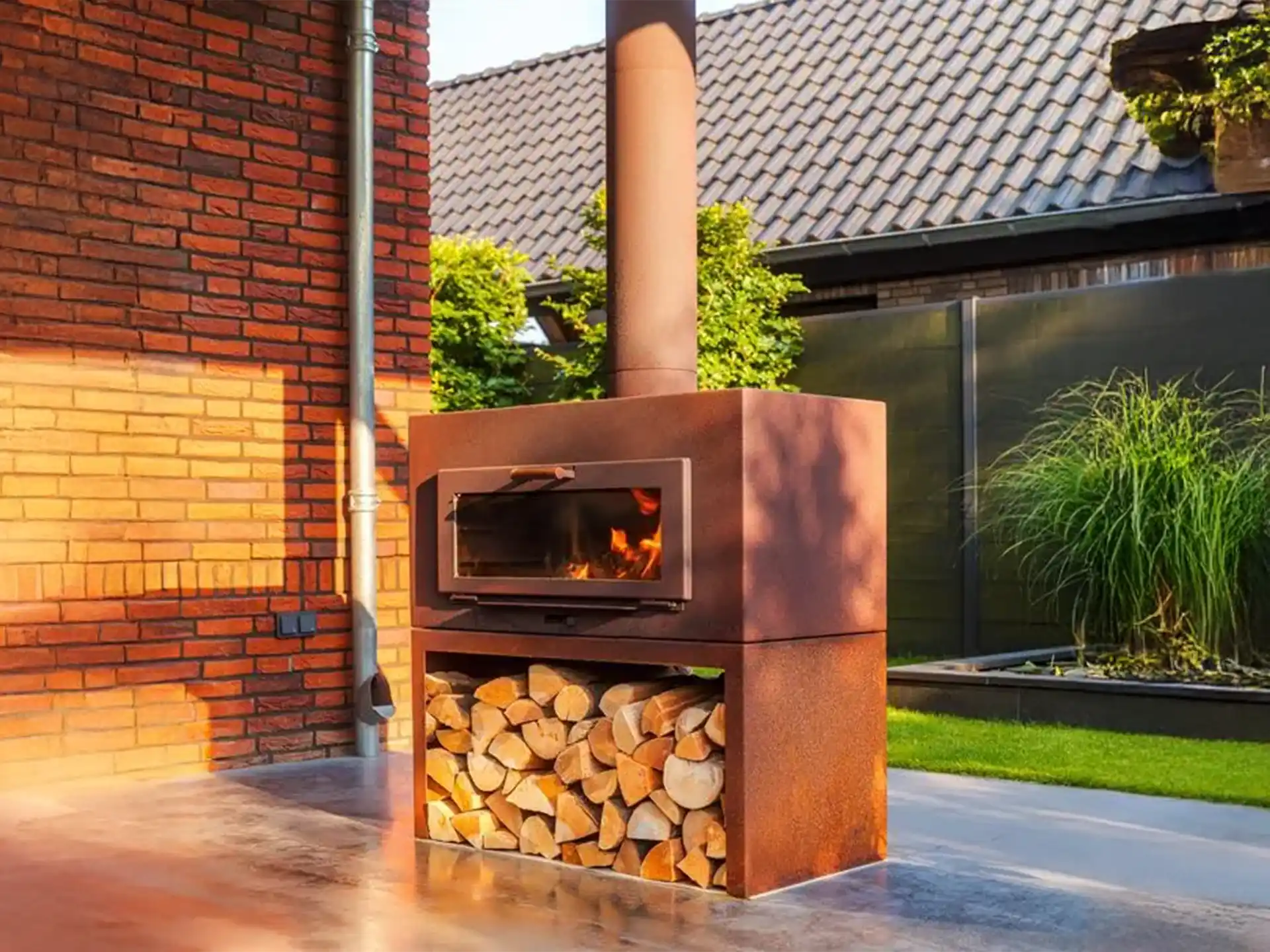 Adezz Forno Enok tuinhaard cortenstaal, geplaatst tegen een huisgevel, brandend vuur met houtopslag eronder, luxe buitenhaard.