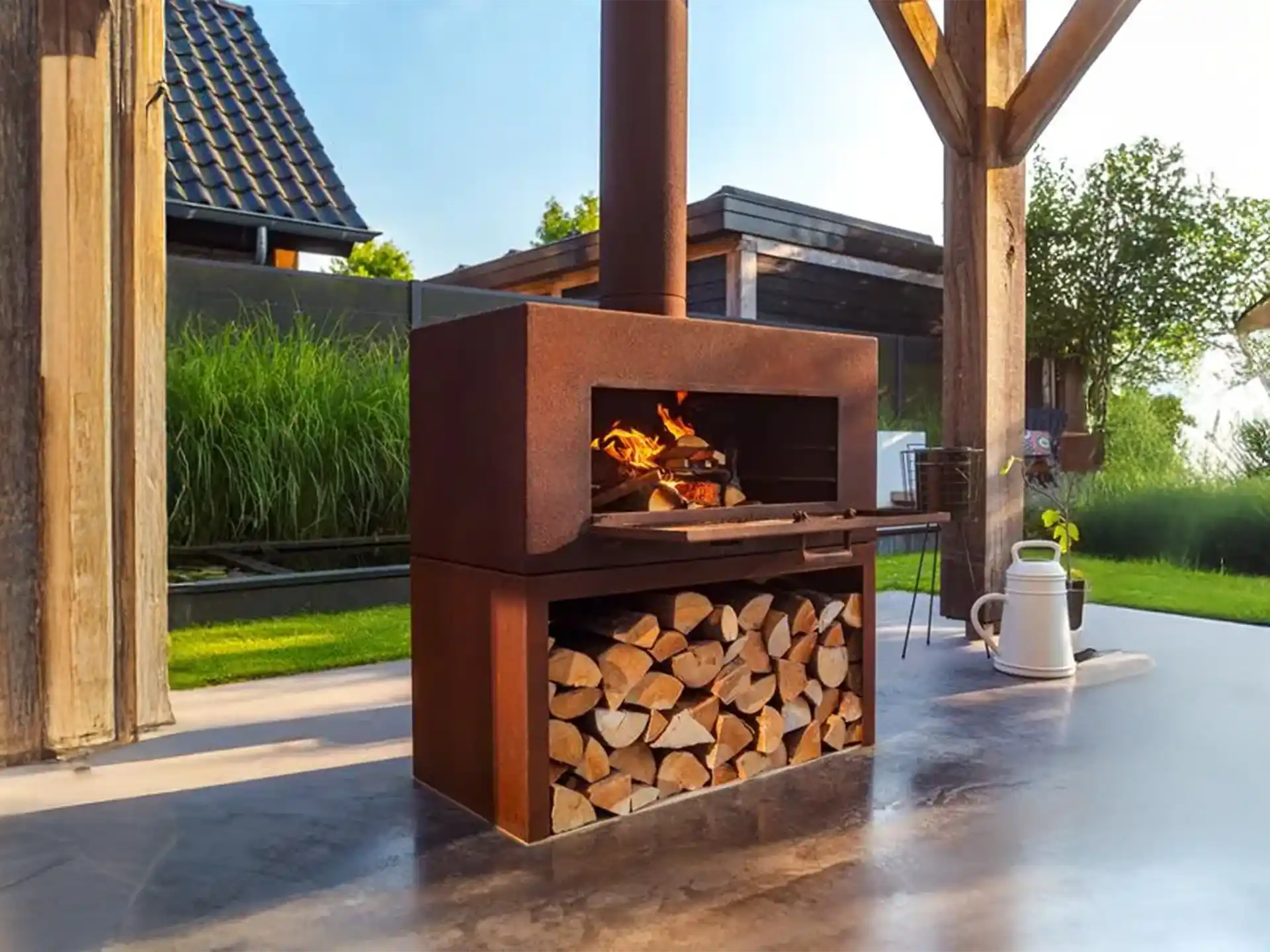 Adezz Forno Enok tuinhaard cortenstaal, sfeervolle buitenhaard met brandend vuur en houtopslag, geplaatst op modern terras.