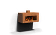 Adezz Forno Enok tuinhaard cortenstaal, hangmodel aan de muur gemonteerd, productfoto met brandend vuur, stijlvolle en duurzame buitenhaard.