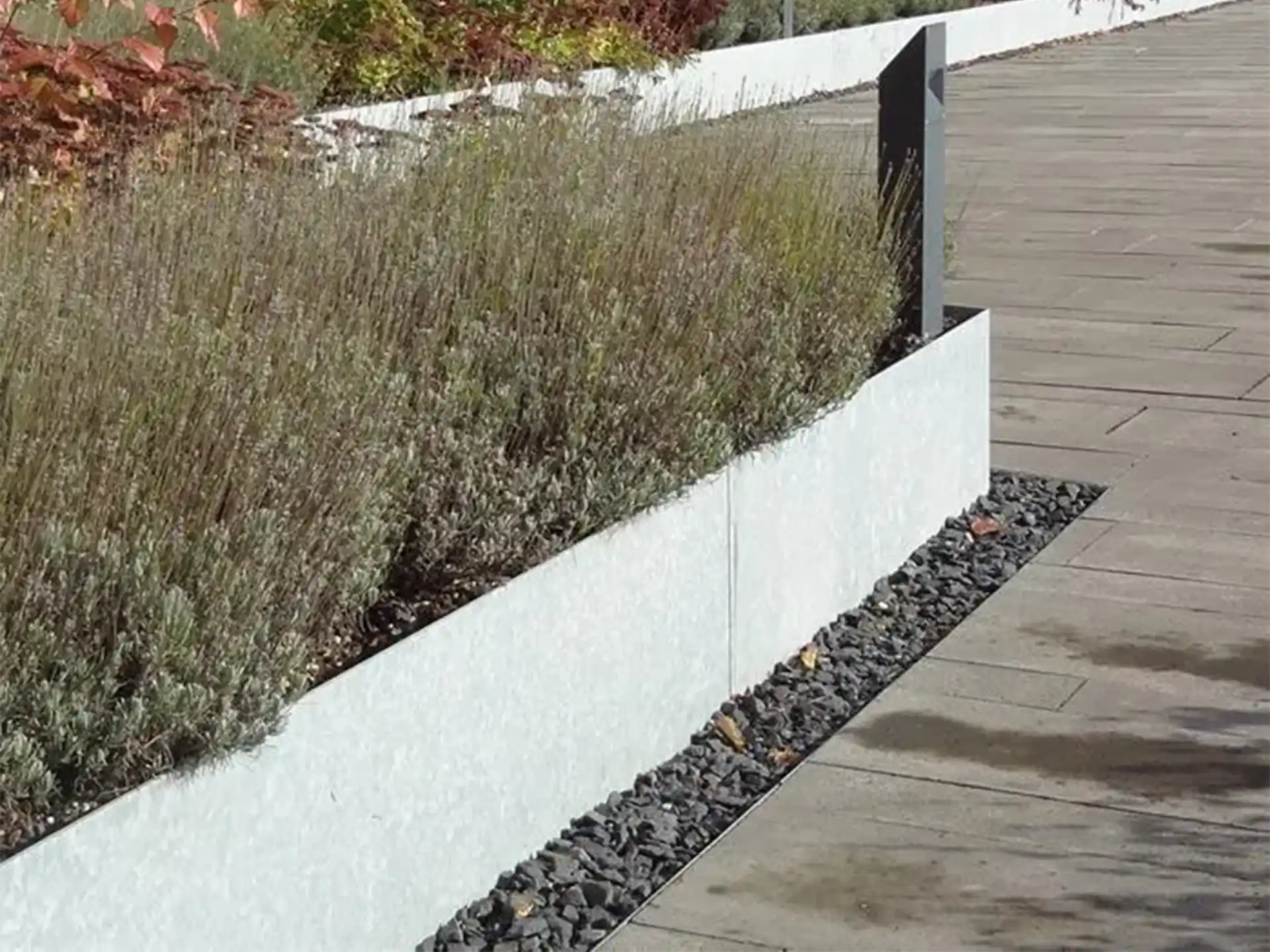 Kantopsluiting verzinkt staal van Adezz toegepast langs tuinpad en beplanting voor een nette en moderne afwerking.