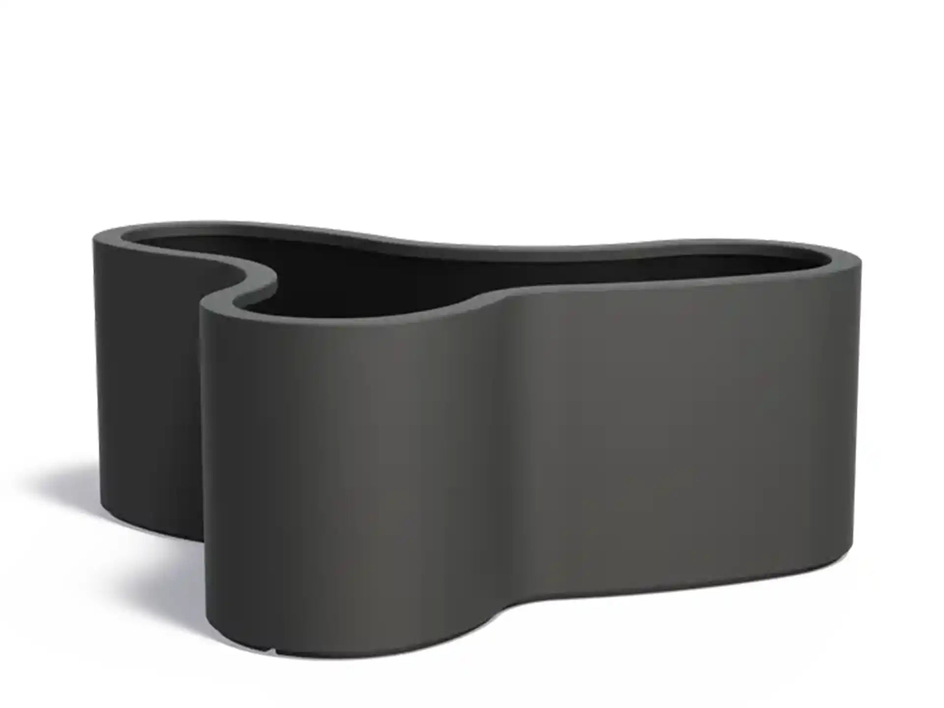 Adezz Organ polyester plantenbak met organische ronde vorm, afmeting 161 × 133,5 × 60 cm in zwartgrijs.