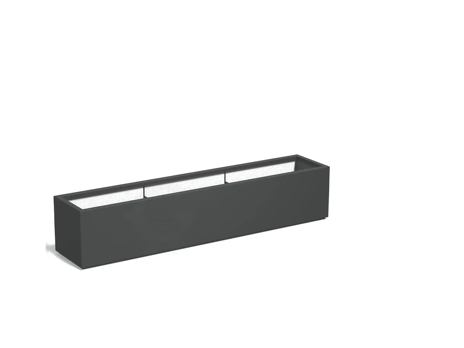 Adezz Carrez plantenbak polyester in rechthoekige uitvoering van 200 x 40 x 40 cm in antracietgrijs, een lange donkergrijze polyester plantenbak met bodem en strak modern design.