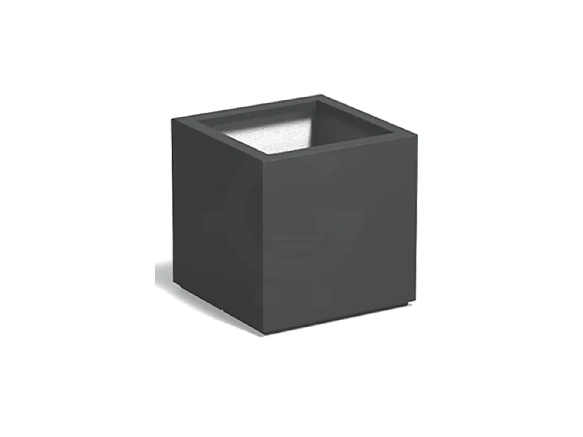 Adezz Carrez plantenbak polyester in vierkante uitvoering van 100 x 100 x 100 cm in antracietgrijs, een hoge donkergrijze polyester plantenbak met bodem en strak, modern ontwerp.