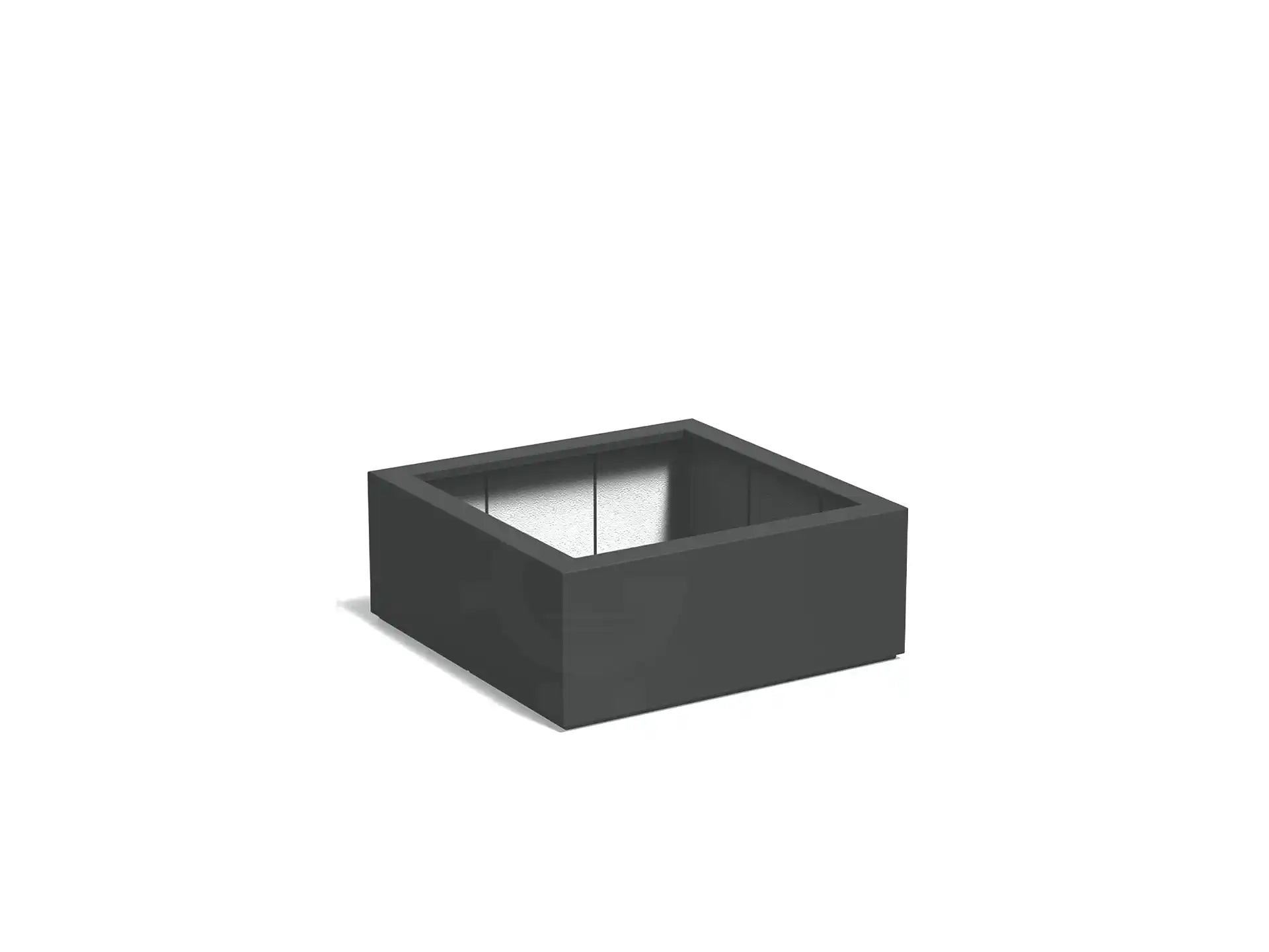 Adezz Carrez plantenbak polyester in vierkante uitvoering van 100 x 100 x 40 cm in antracietgrijs, een lage donkergrijze polyester plantenbak met bodem en strak modern design.
