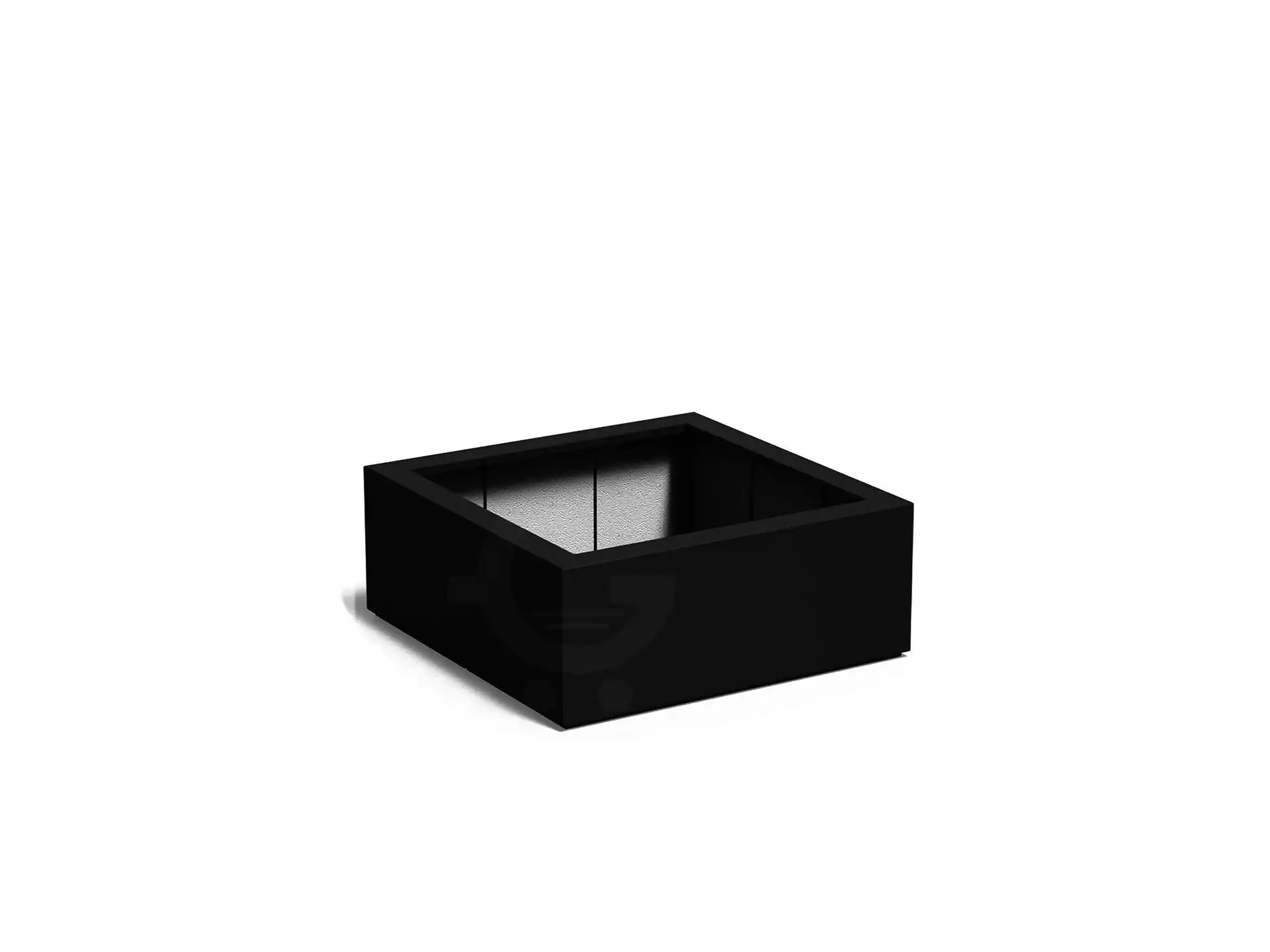 Adezz Carrez plantenbak polyester in vierkant formaat van 100 x 100 x 40 cm in gitzwart, een lage zwarte polyester plantenbak met bodem en strak minimalistisch design.