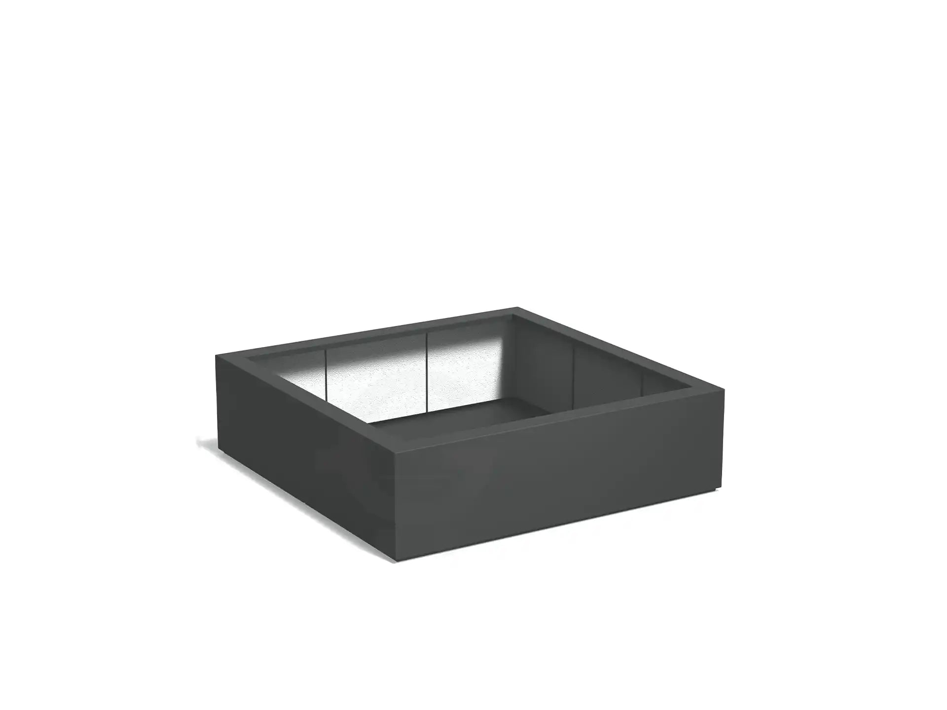 Adezz Carrez plantenbak polyester in vierkante uitvoering van 120 x 120 x 40 cm in antracietgrijs, een lage donkergrijze polyester plantenbak met bodem en strak, modern design.